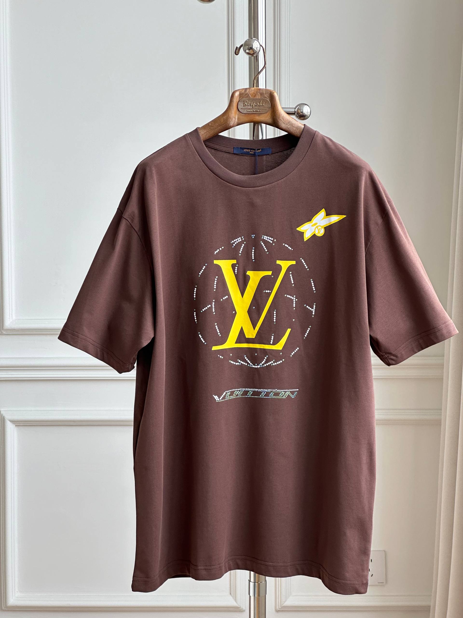 Louis Vuitton Big LV Rhinestone & Butterfly Print Coffee Loose Short Sleeve T-shirt