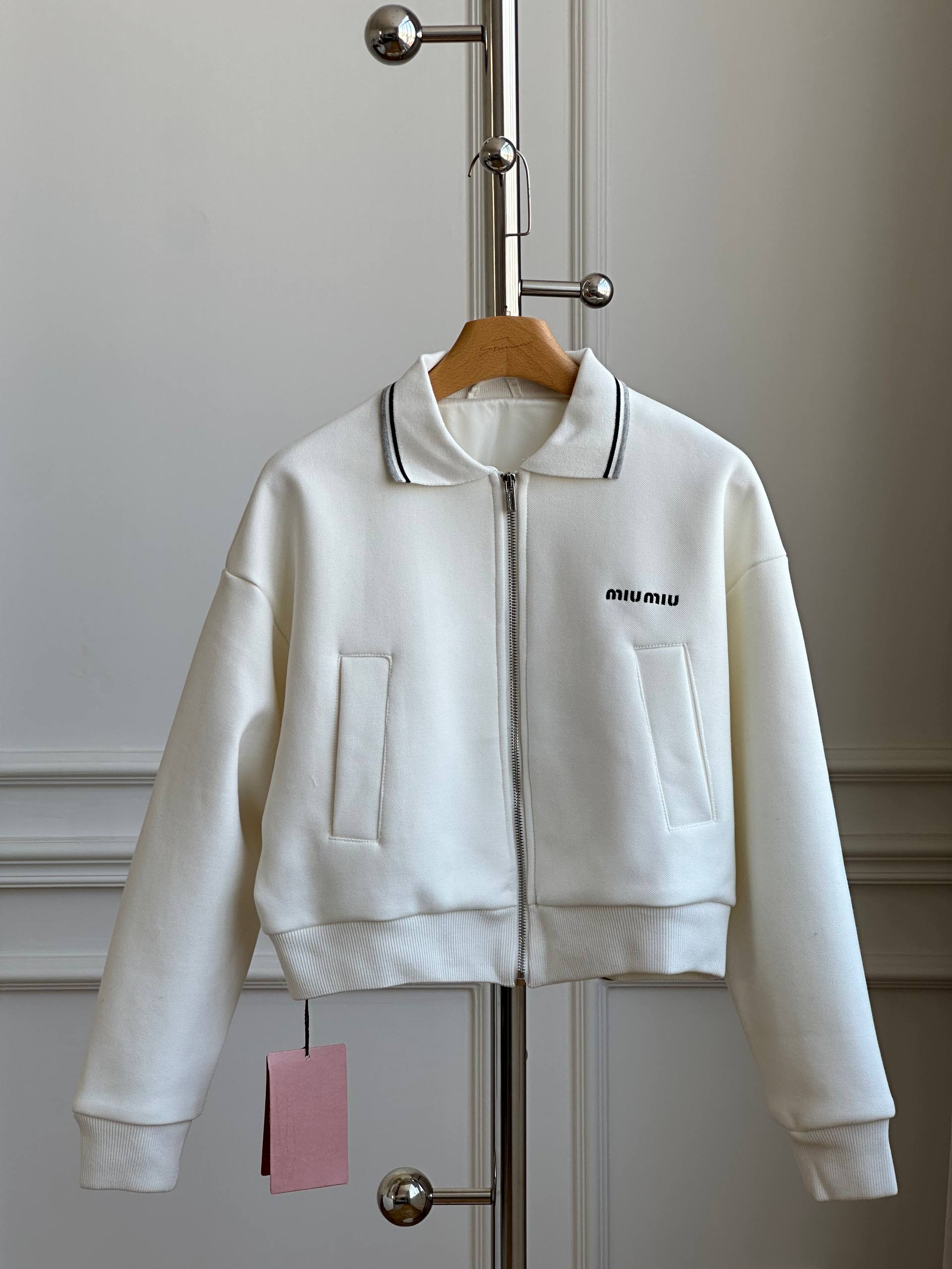 Miu Miu Cropped Piqué Bomber Jacket with Logo Embroidery