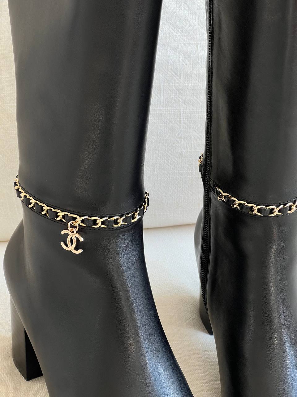 CHANEL Black Smooth Leather Chain CC Logo Block Heel Knee-High Boots