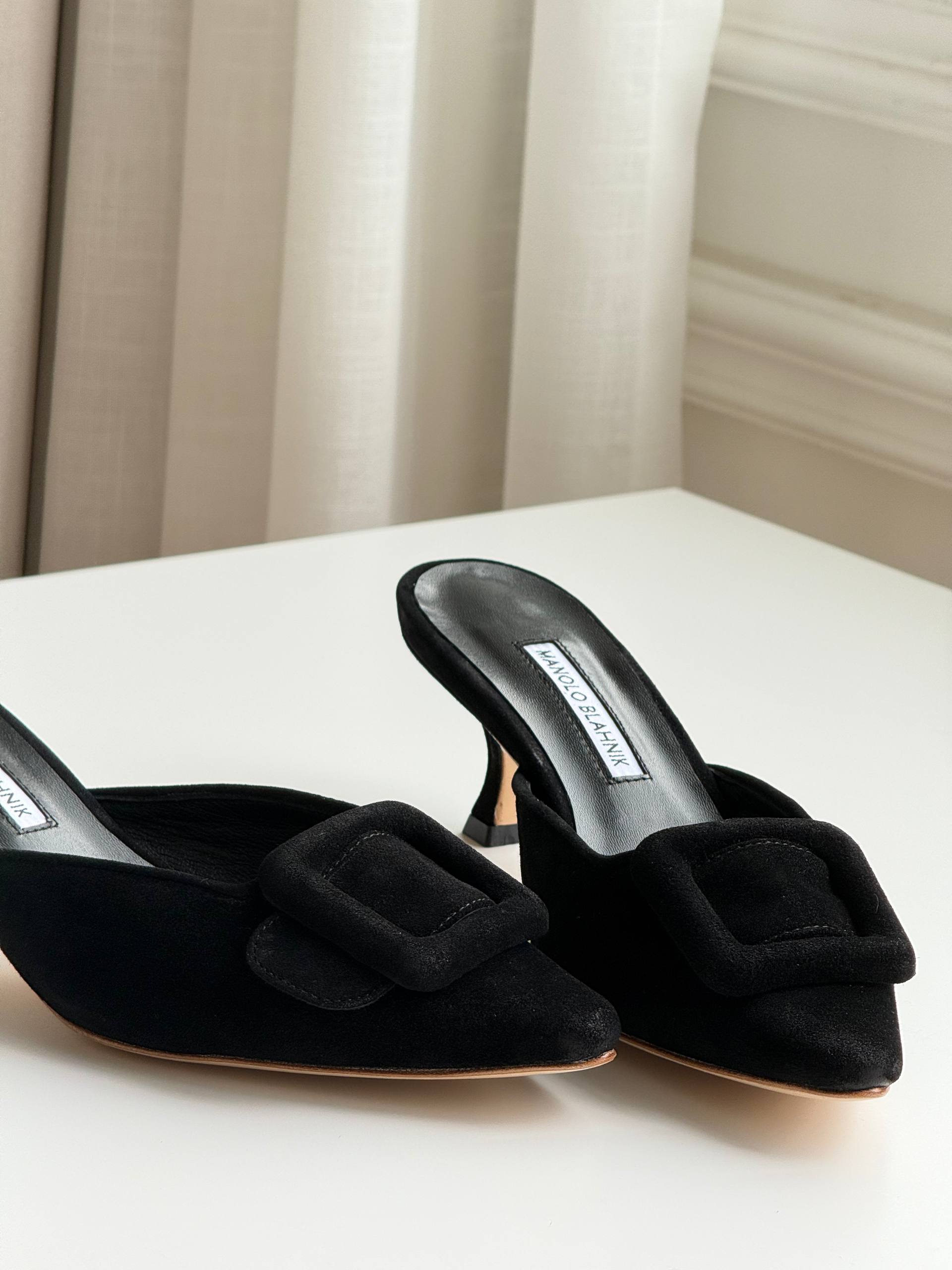 Manolo Blahnik Square Buckle Suede Pointed-Toe Stiletto Mules