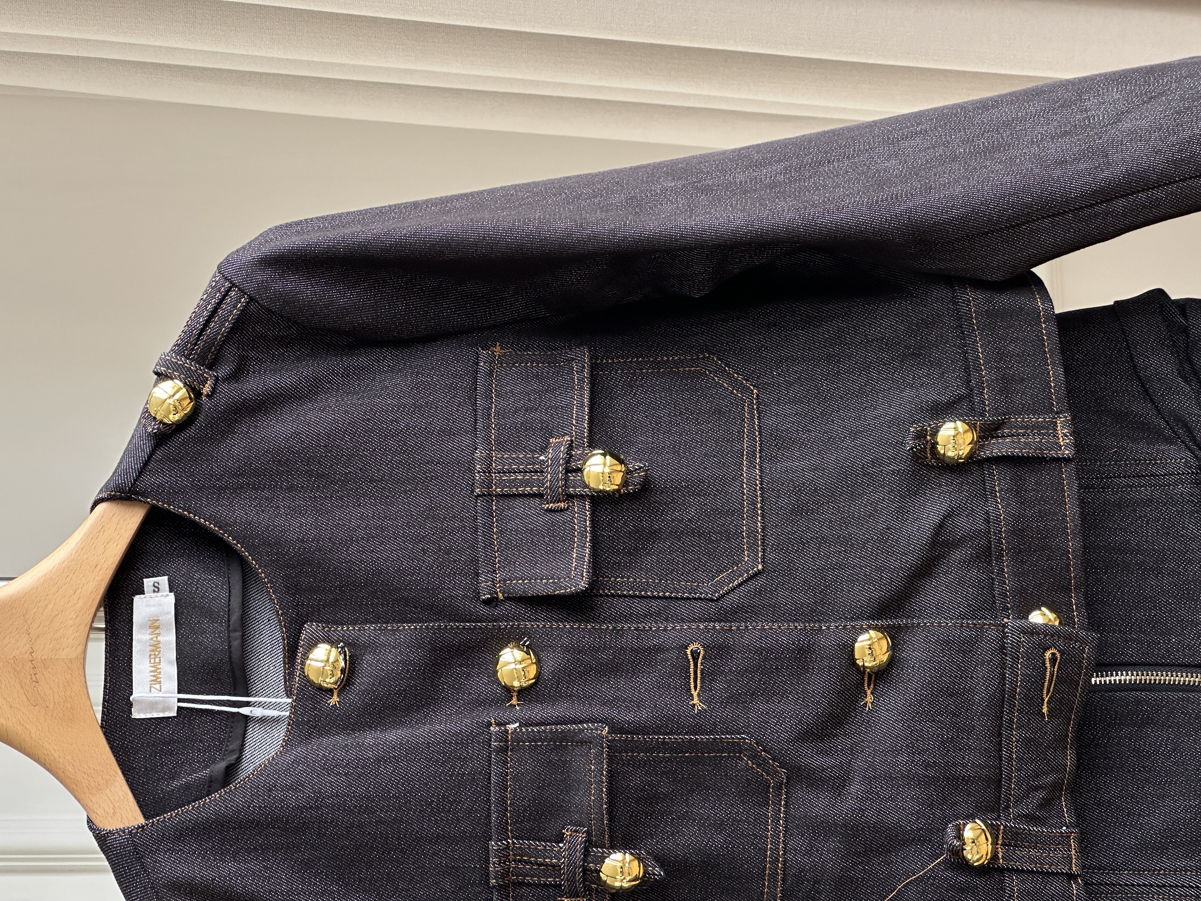 Chanel Style Round Neck Gold Button Cropped Denim Jacket & Ruched Bud Mini Skirt Two Piece Set