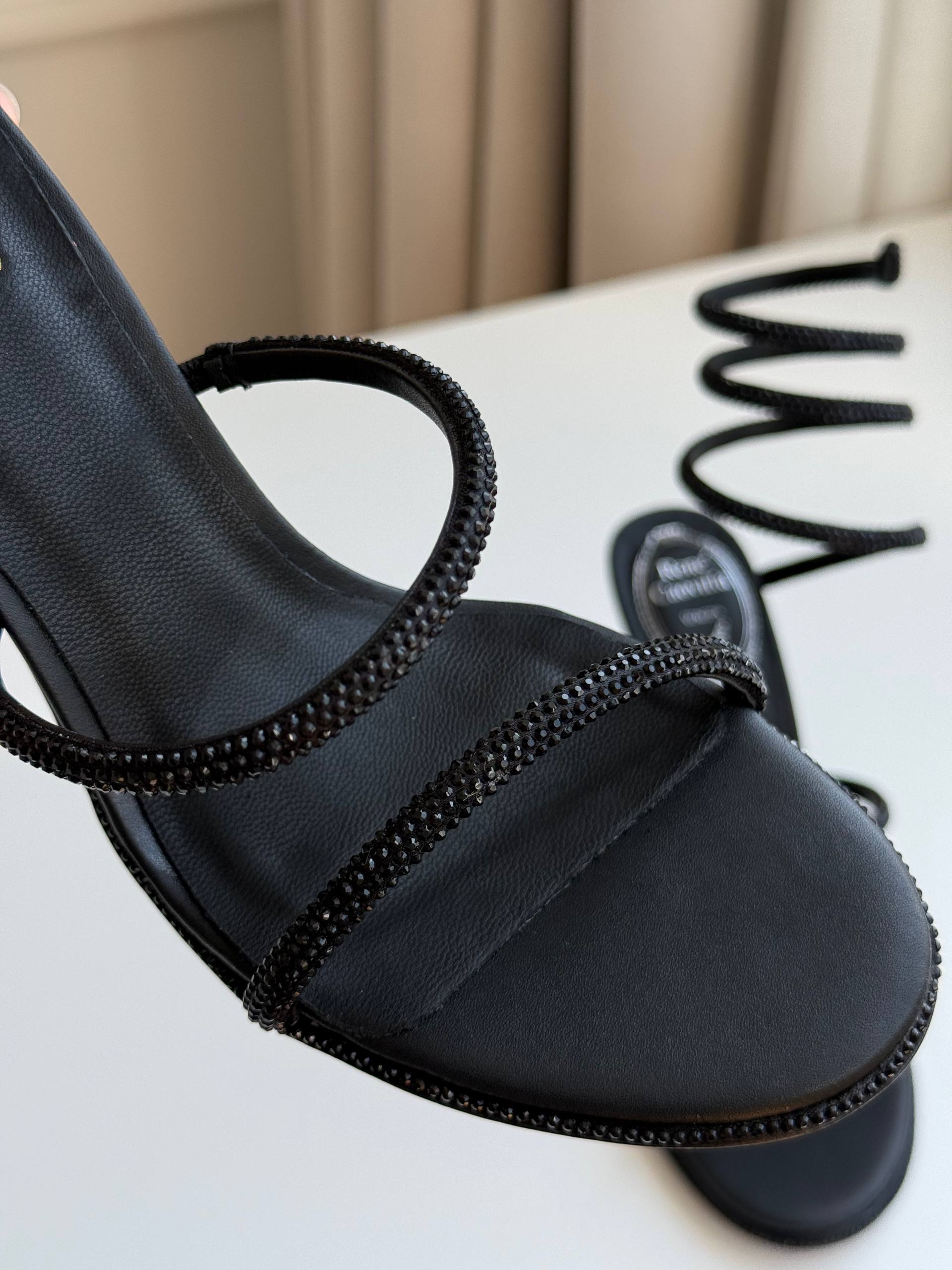René Caovilla Cleo Black Crystal-Embellished Satin Sandals