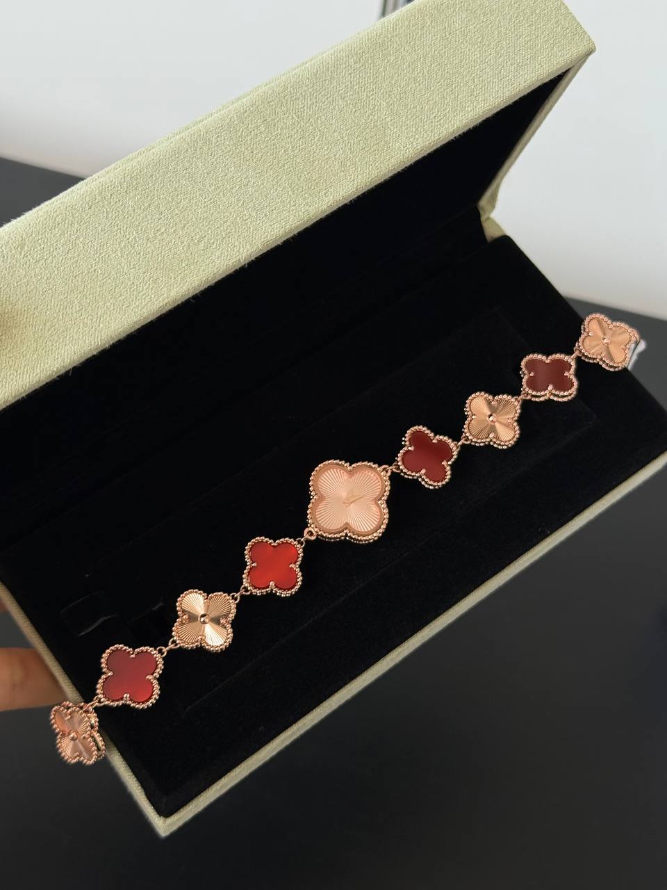 Van Cleef & Arpels Sweet Alhambra Carnelian and Guilloché Rose Gold Watch Bracelet