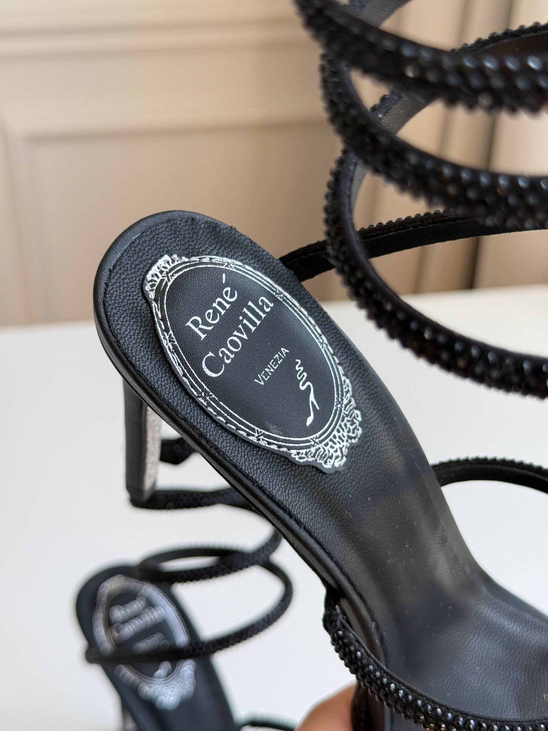 René Caovilla Cleo Black Crystal-Embellished Satin Sandals