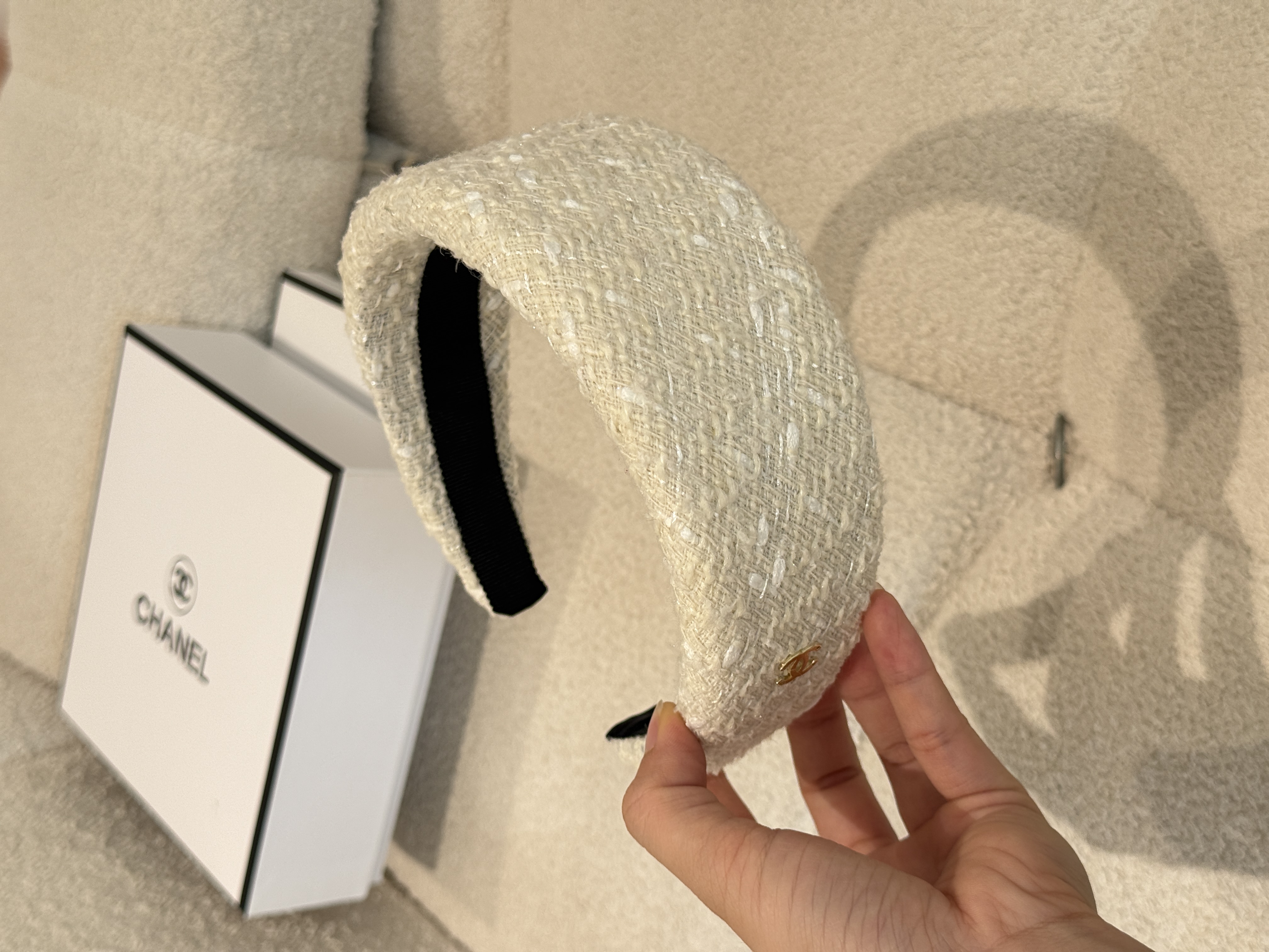 Chanel Off-White Tweed Wide Headband