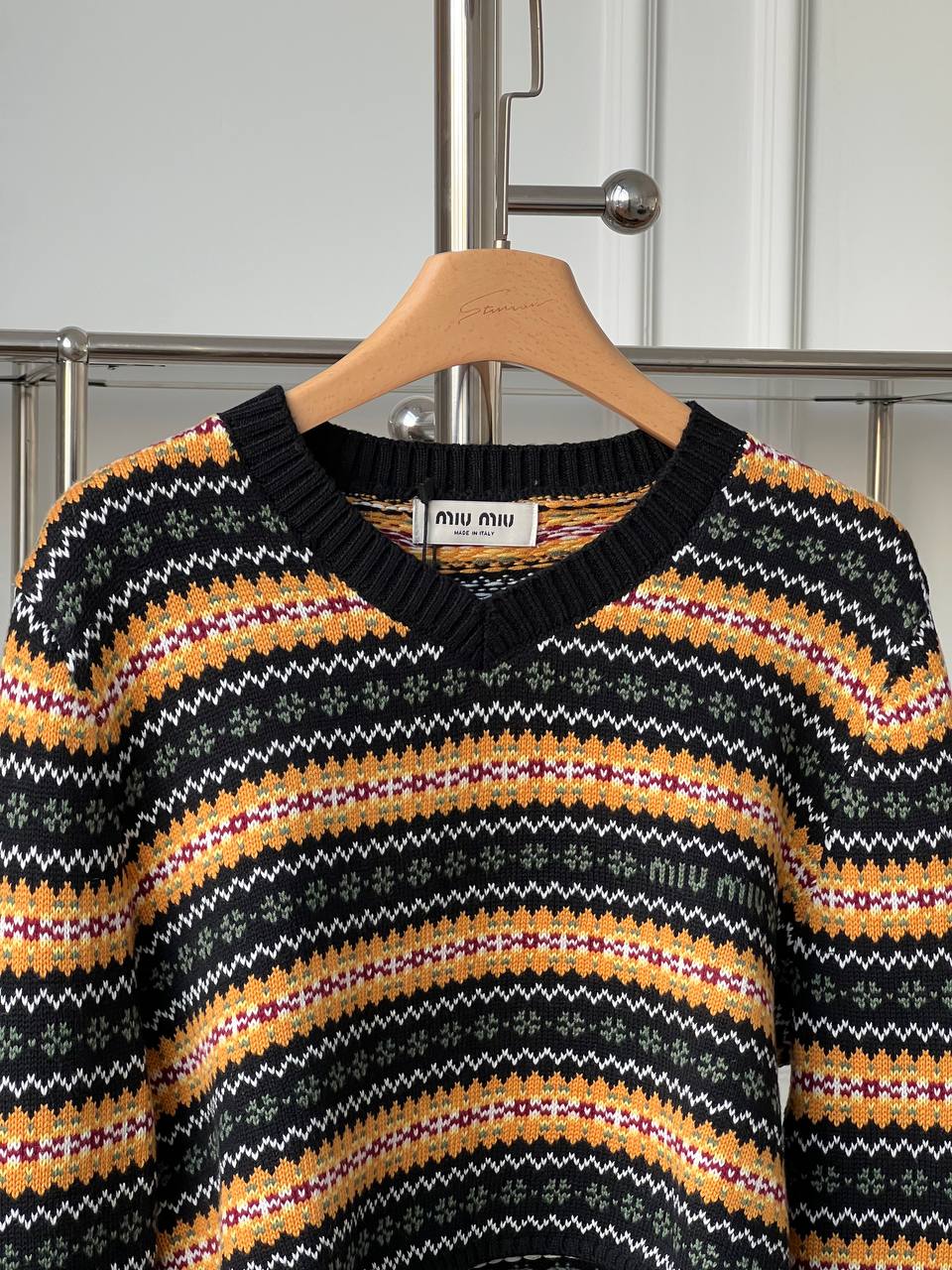 Miu Miu Fair Isle Jacquard Cropped V-Neck Sweater