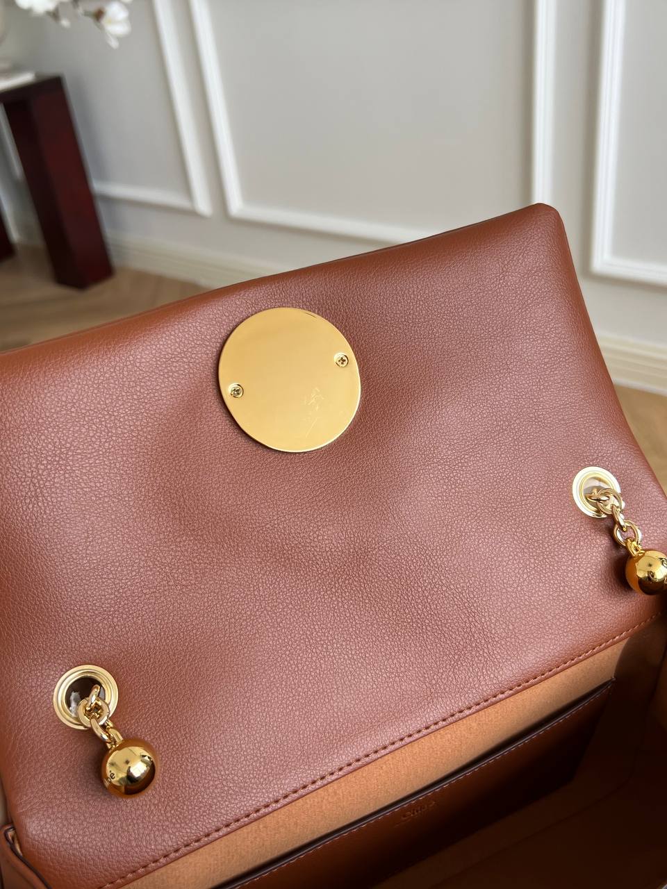 Chloe Caramel Grain Leather Pegasus Round Clasp Flap Crossbody Bag