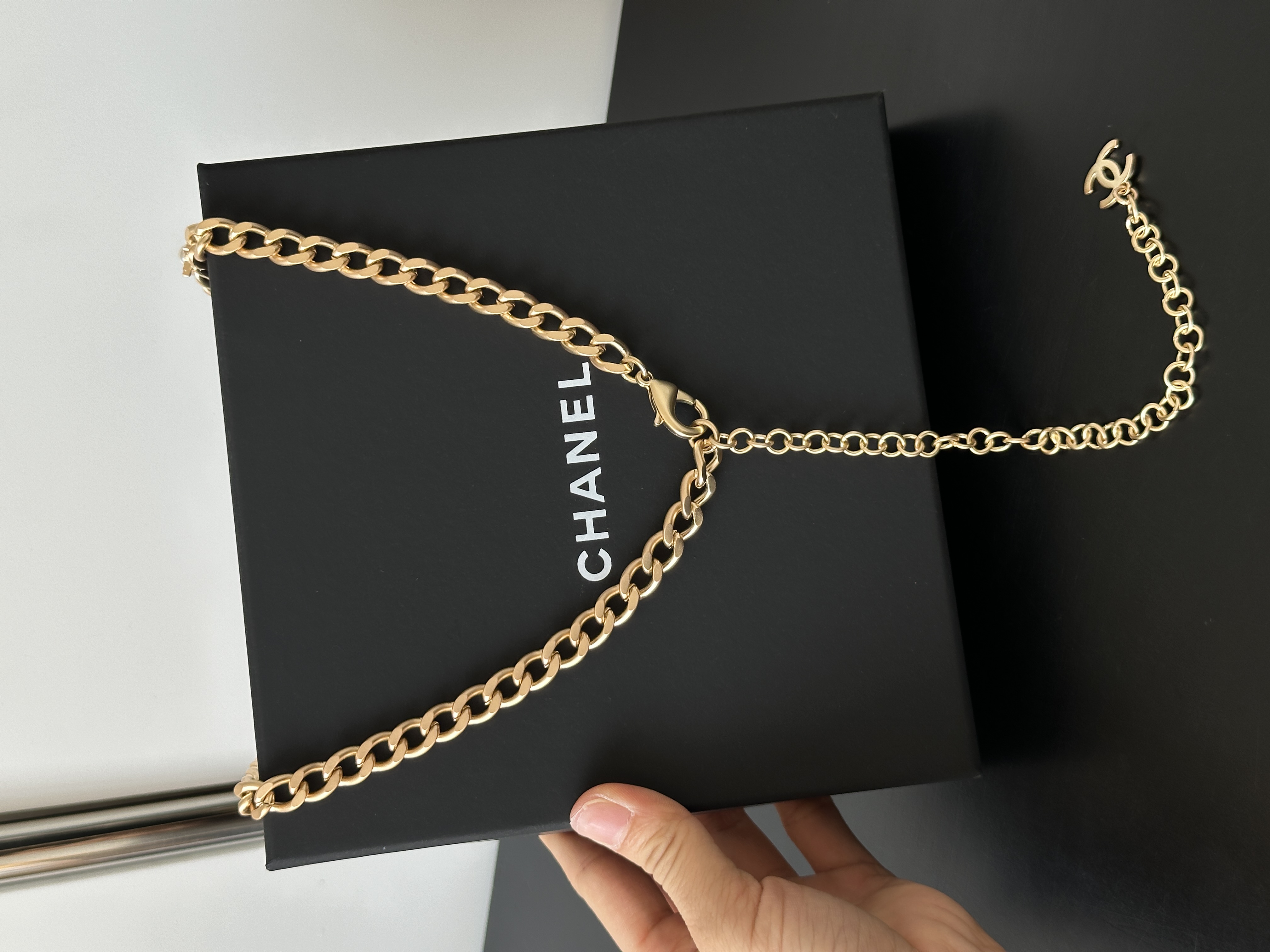 Chanel Light Gold Thick Cuban Chain Waist Belt With Crystal CHANE Letters, Star & Pearl Charms, Dual-Purpose As Necklace