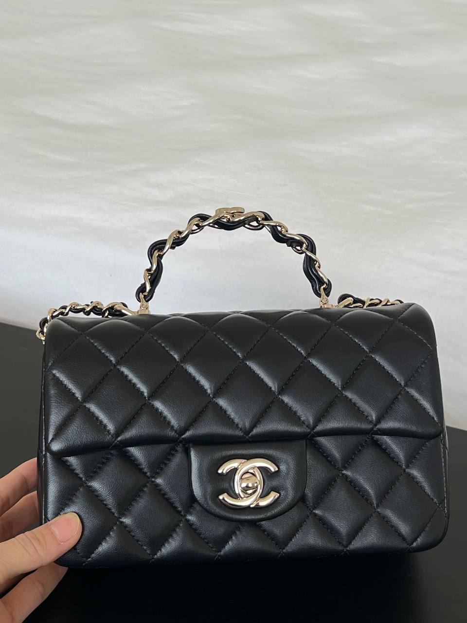 Chanel Black Lambskin Mini Classic Flap With Top Handle