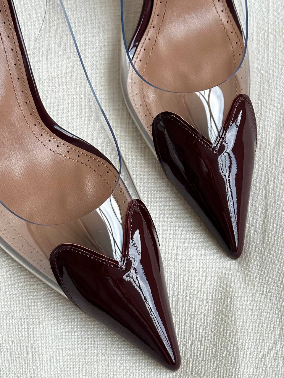 ALAÏA Burgundy Patent Leather Pointed Toe Clear PVC Slingback Stiletto Heels