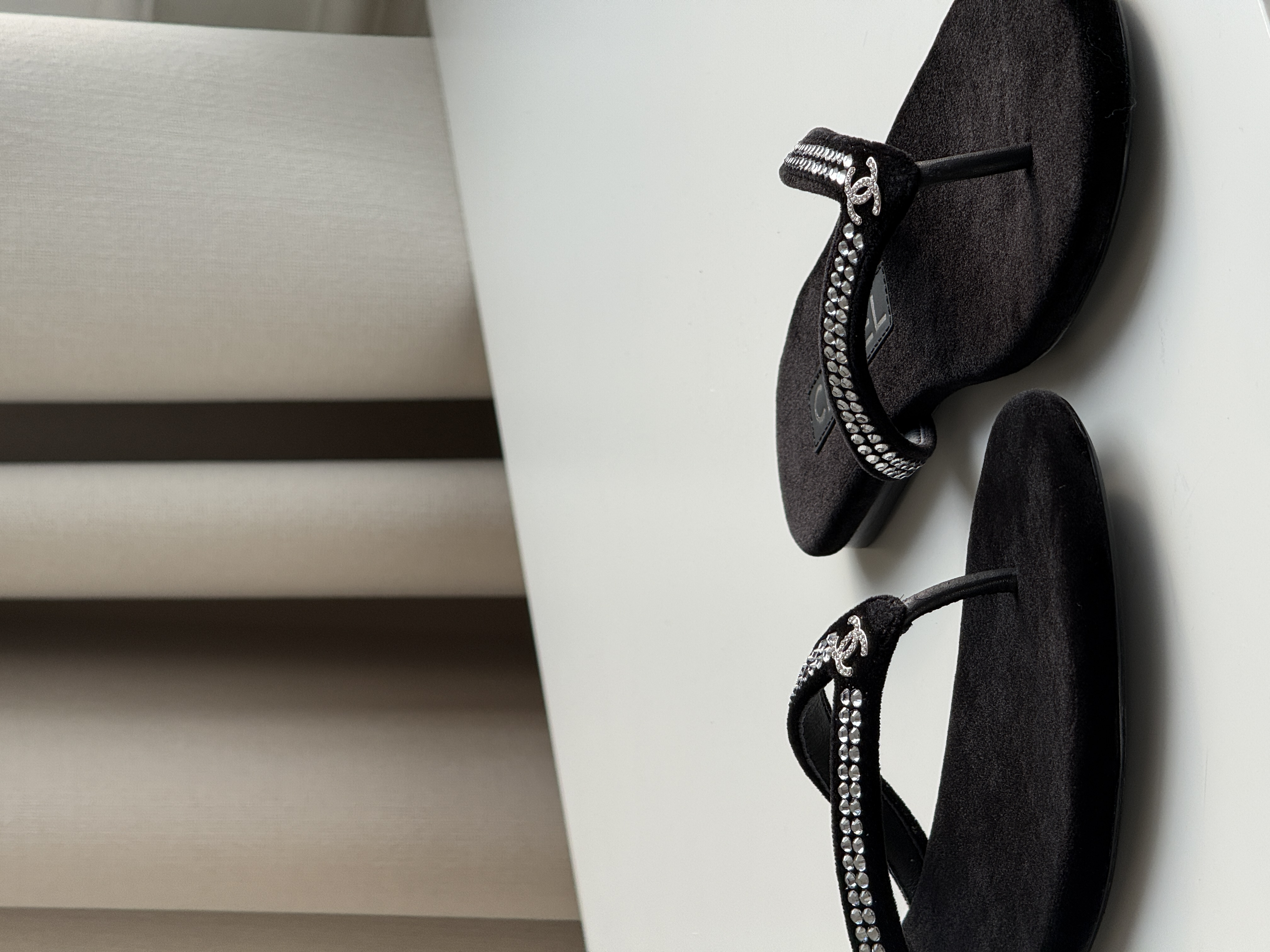 Chanel Velvet Flip-Flop Sandals with Strass and CC Logo