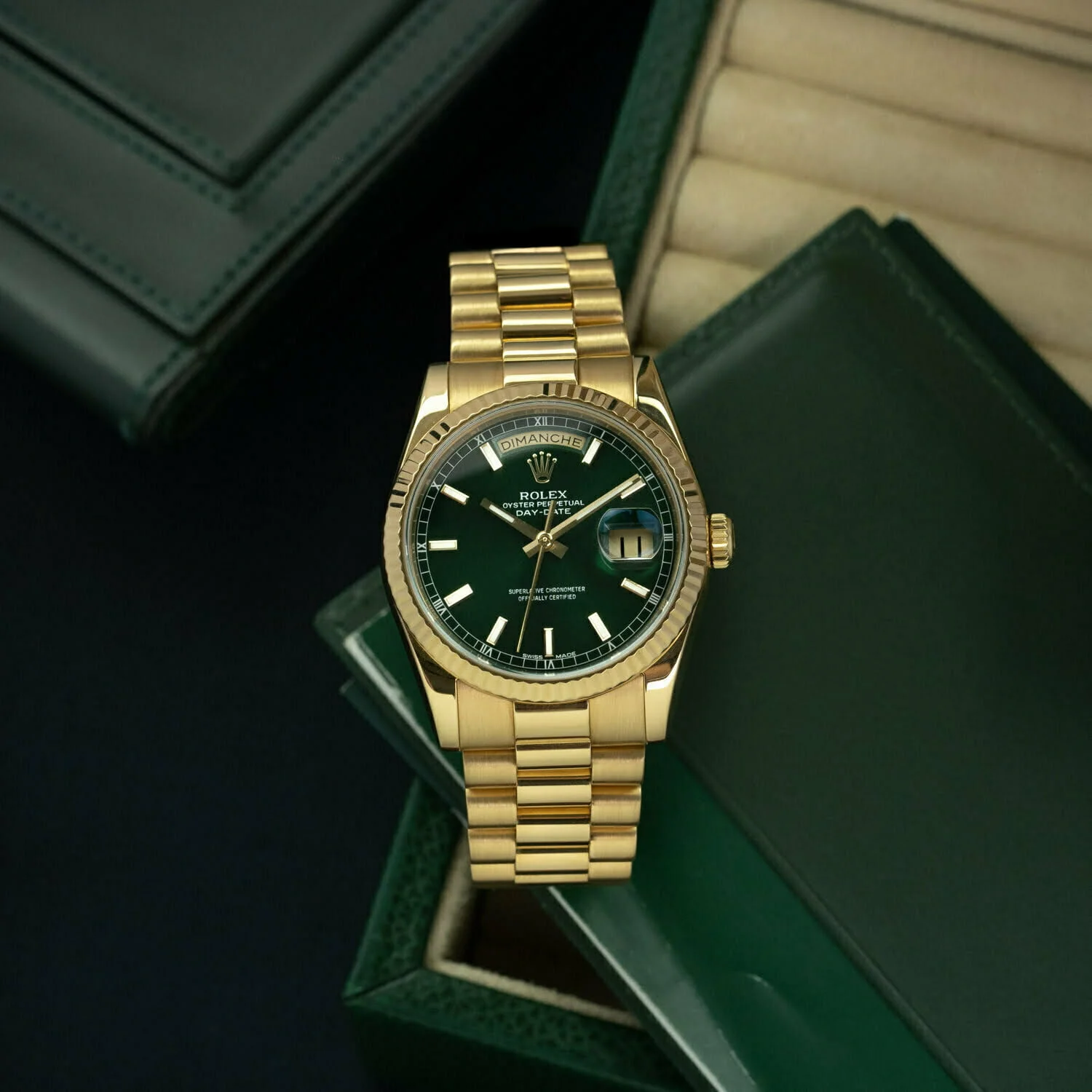 Rolex Day-Date 36 Yellow Gold Green Index Dial & Fluted Bezel President Bracelet 118238【1:1 Replica】