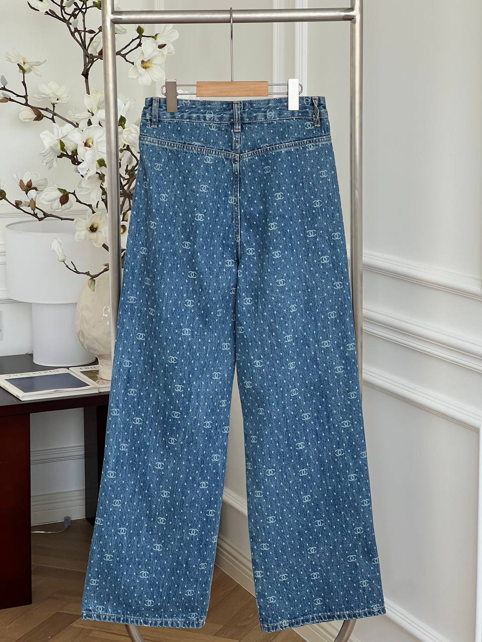 Chanel Blue Washed Denim CC Logo Printed Wide-Leg Jeans
