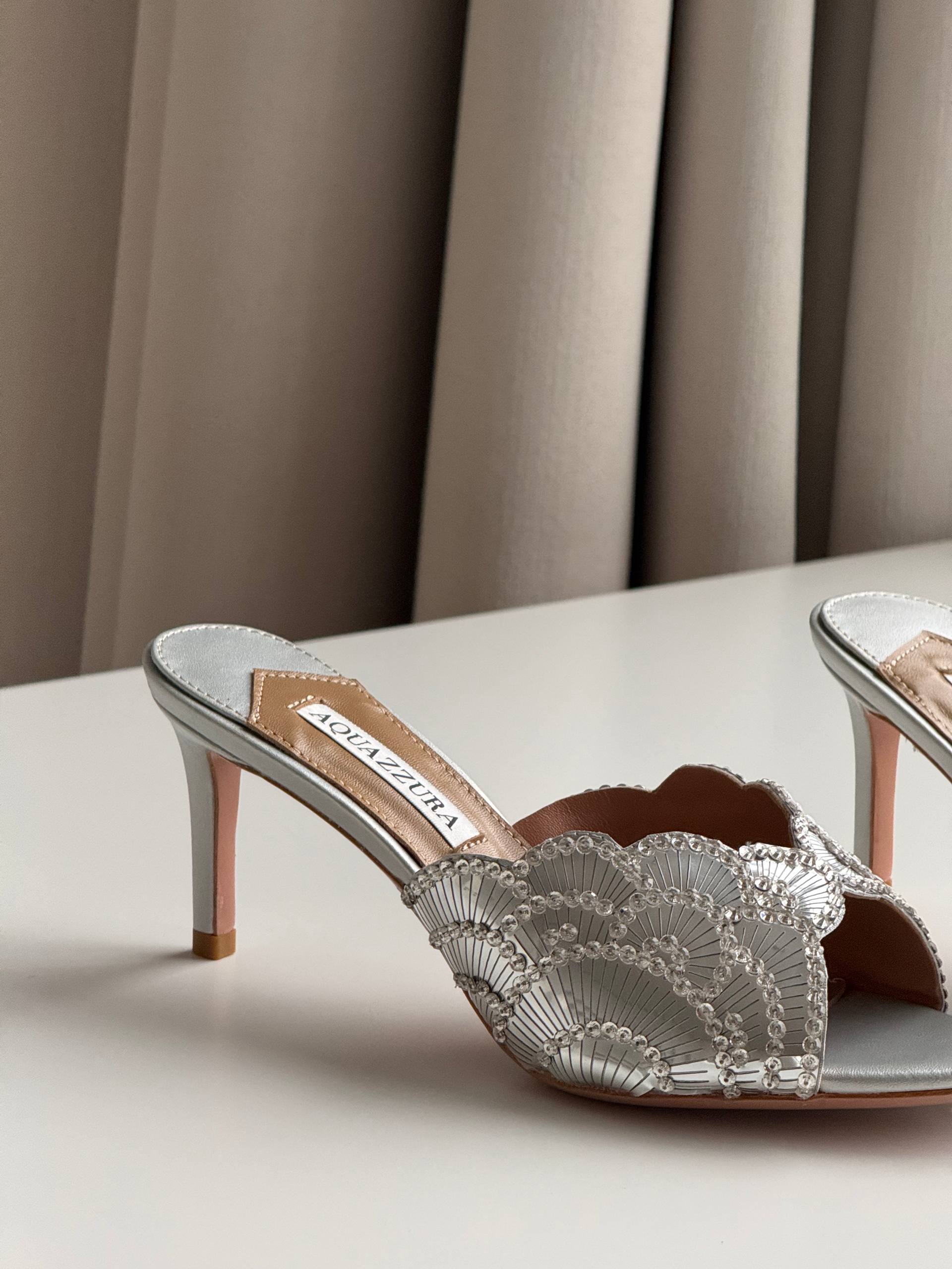 Aquazzura Lace-Embroidered Open-Toe Heeled Mules