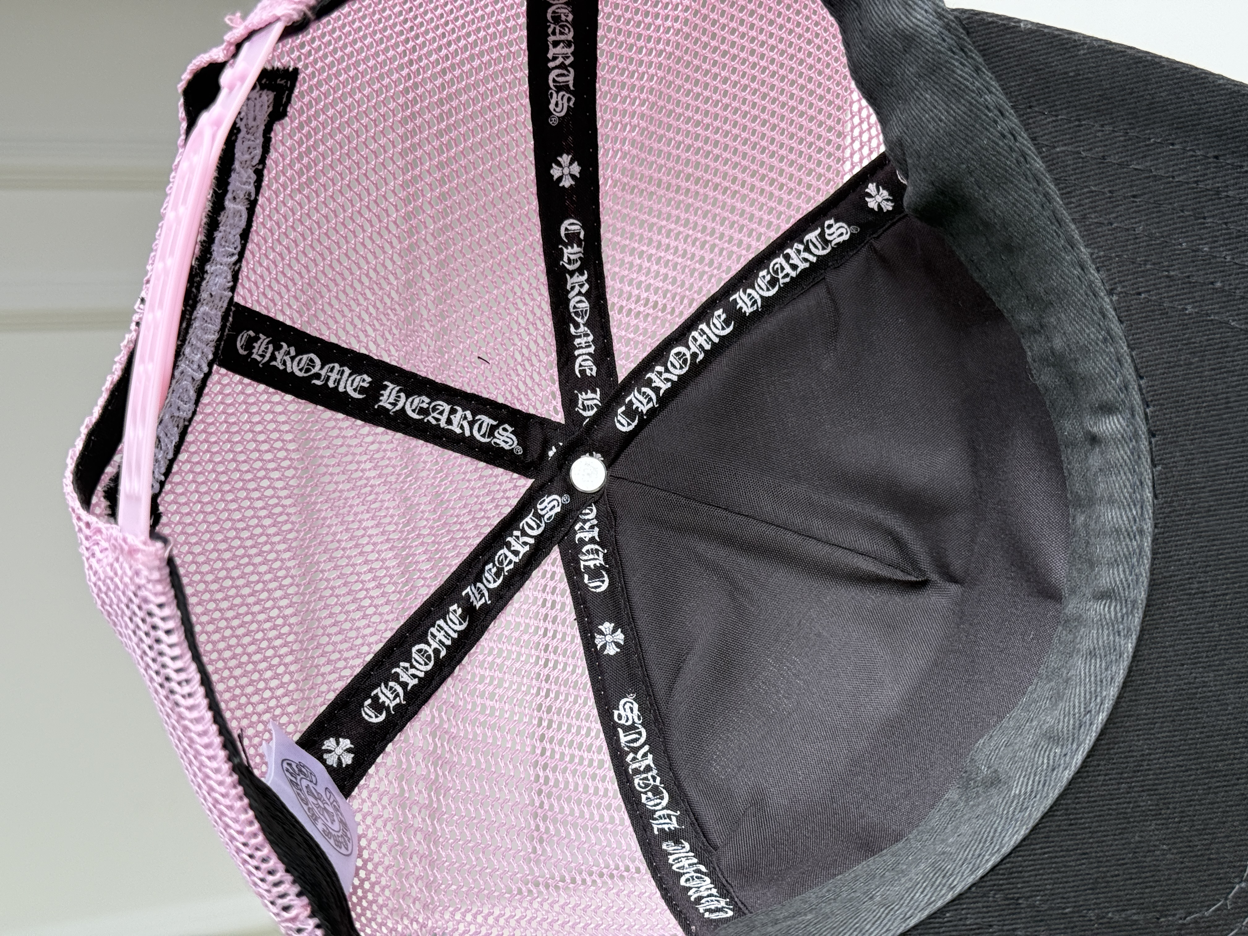Chrome Hearts Black & Pink Contrast Cross Embroidered Flat Brim Mesh Trucker Cap