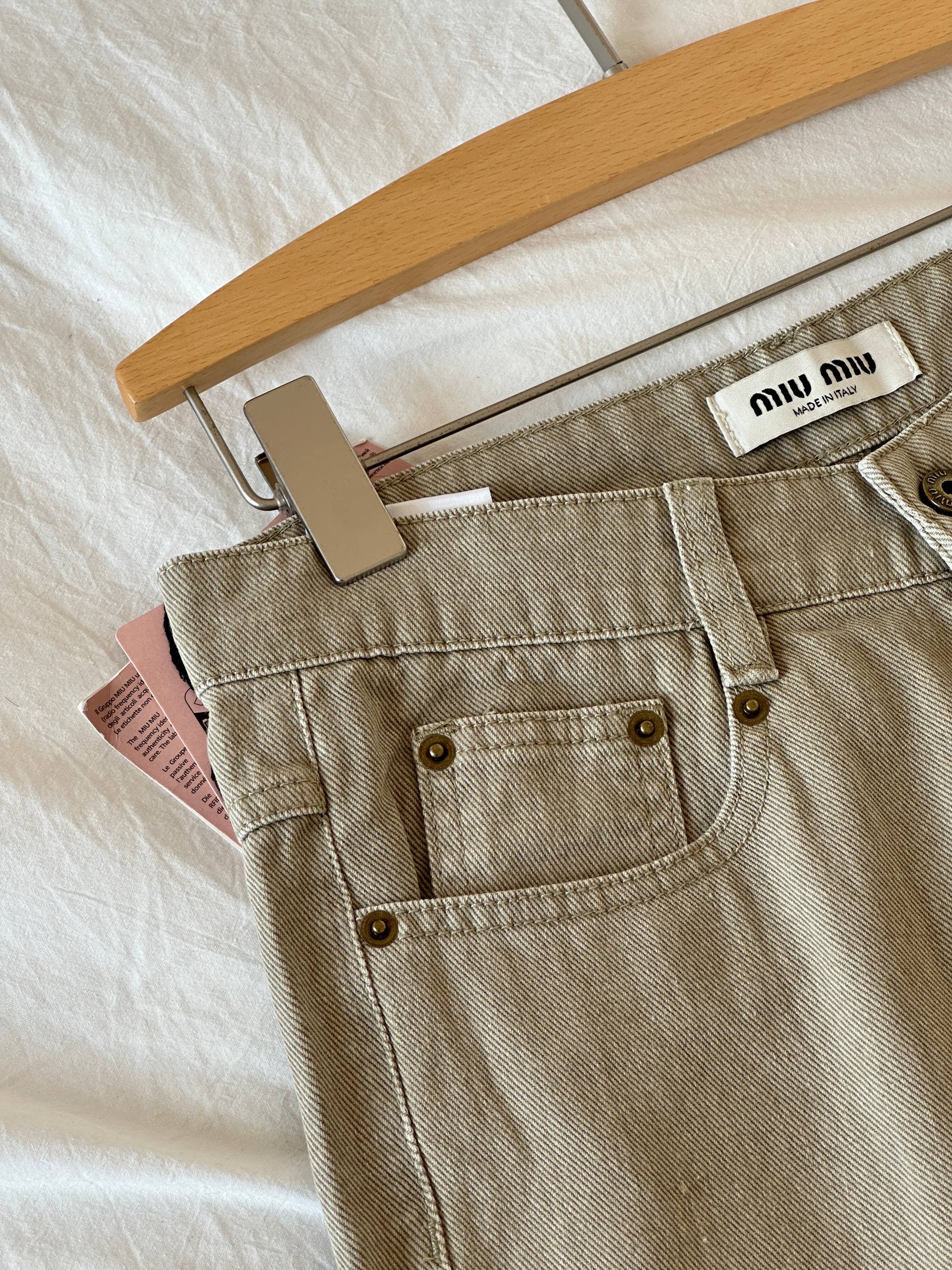 Miu Miu Light Khaki Washed Loose Tapered Cropped Jeans