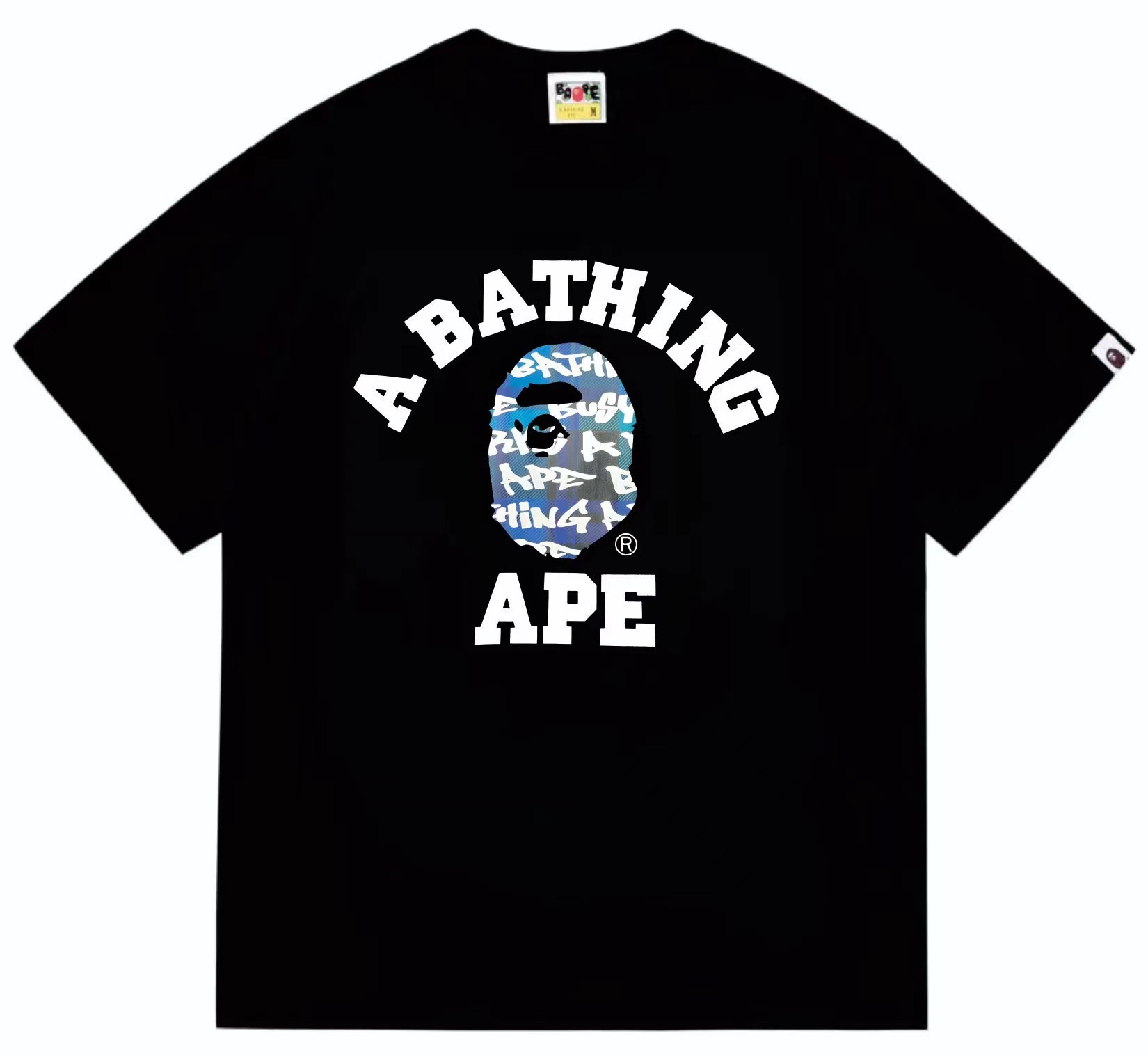 Blue camo ape man head letter print doodle plaid T shirt