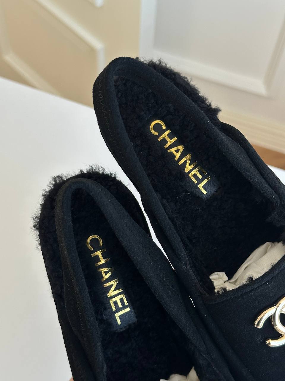 Chanel Shearling-Lined Suede Loafers with Convertible Heel