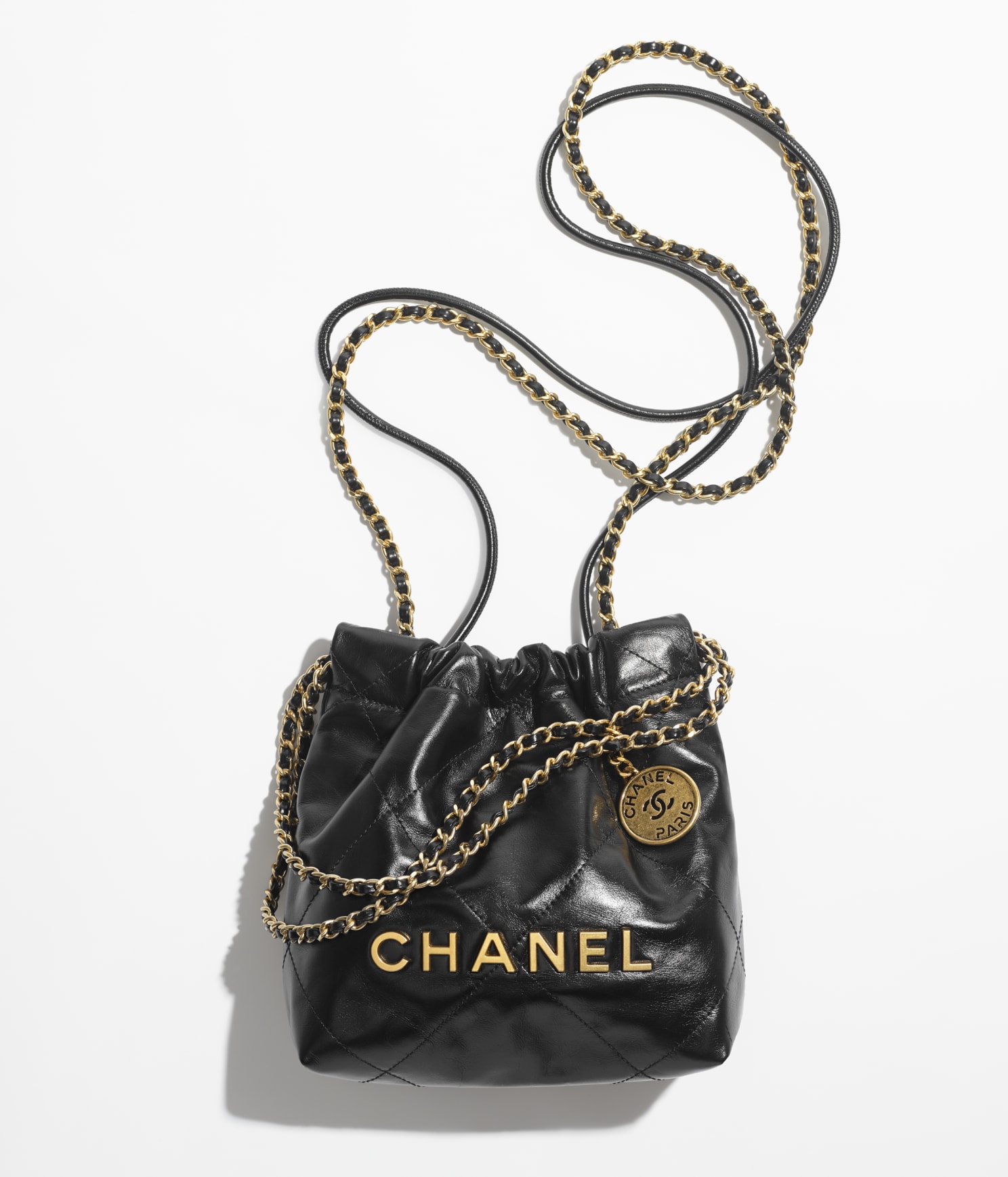 CHANEL 22 MINI HANDBAG Shiny Calfskin & Gold-Tone Metal Black