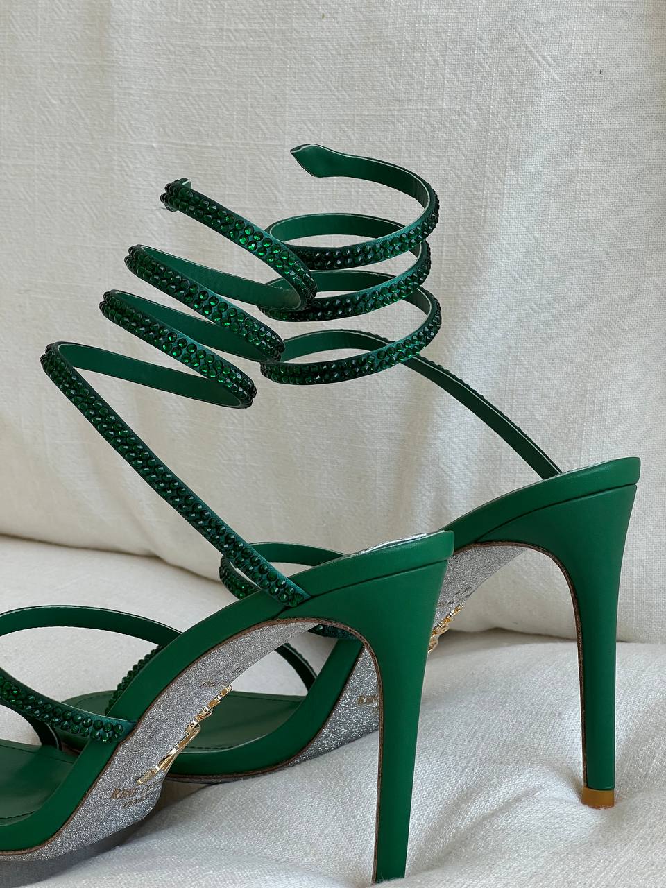 Rene Caovilla Emerald Crystal Coiled Ankle-wrap Stiletto Sandals