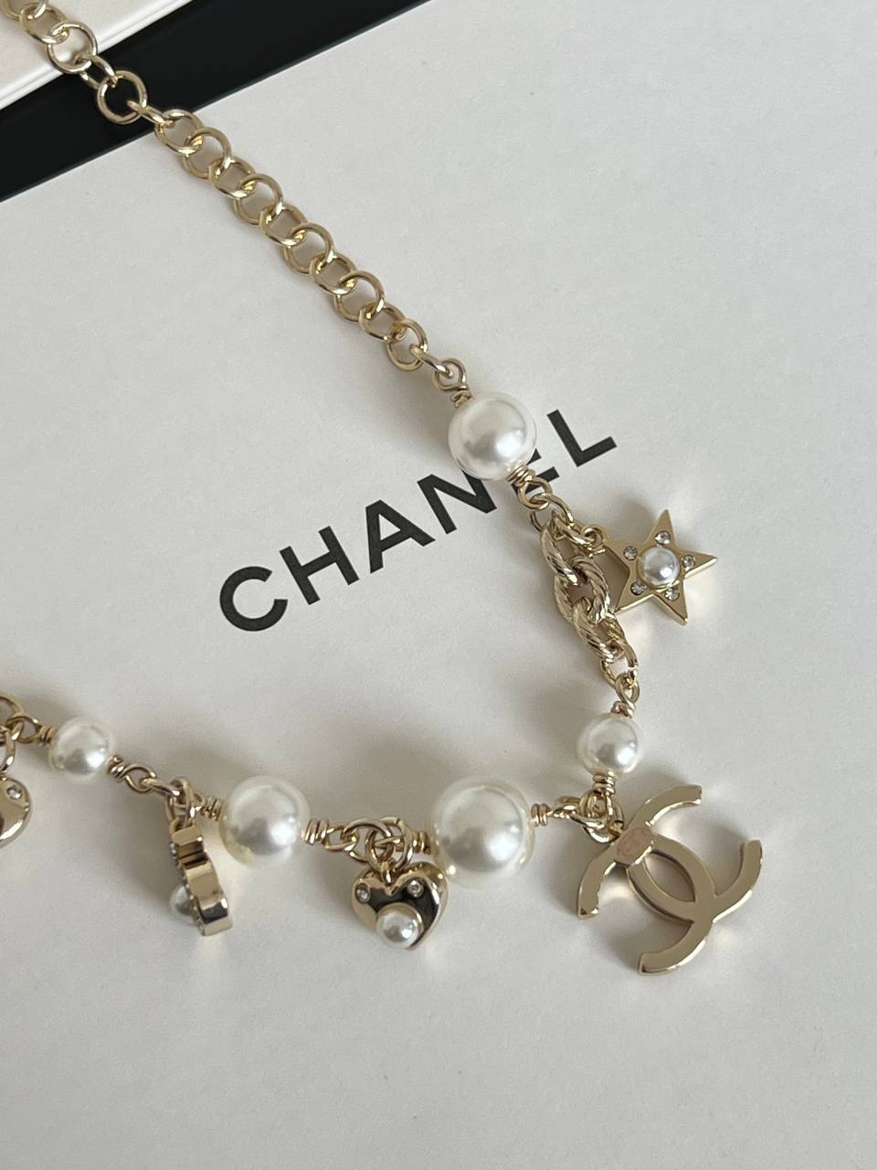Chanel Pearl Crystal CC Star & Heart Charm Adjustable Bracelet