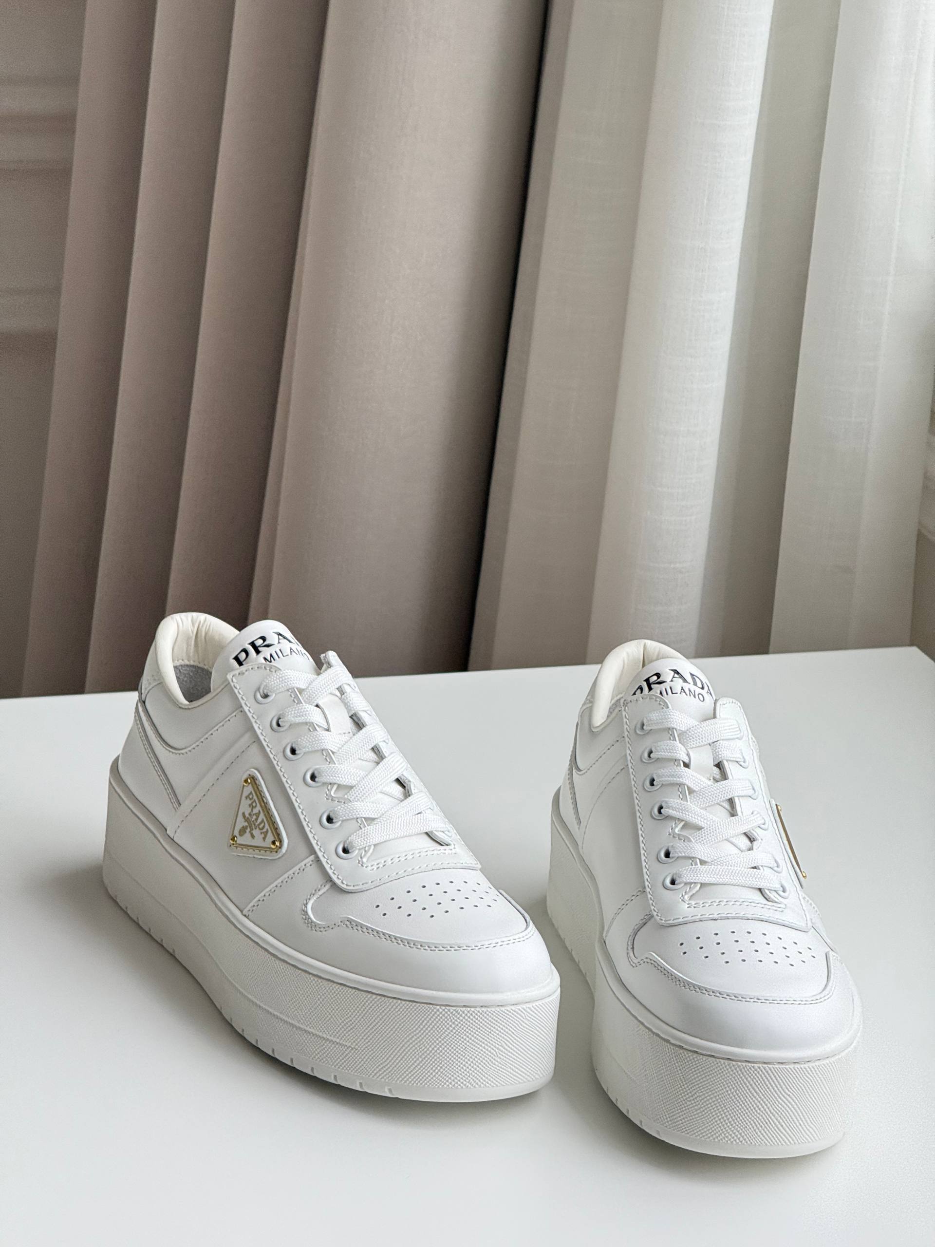 Prada Triangle Logo Platform White Leather Sneakers