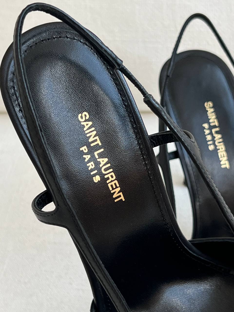 SAINT LAURENT Black Leather Metal YSL Logo Pointed Toe Slingback Stiletto Heels
