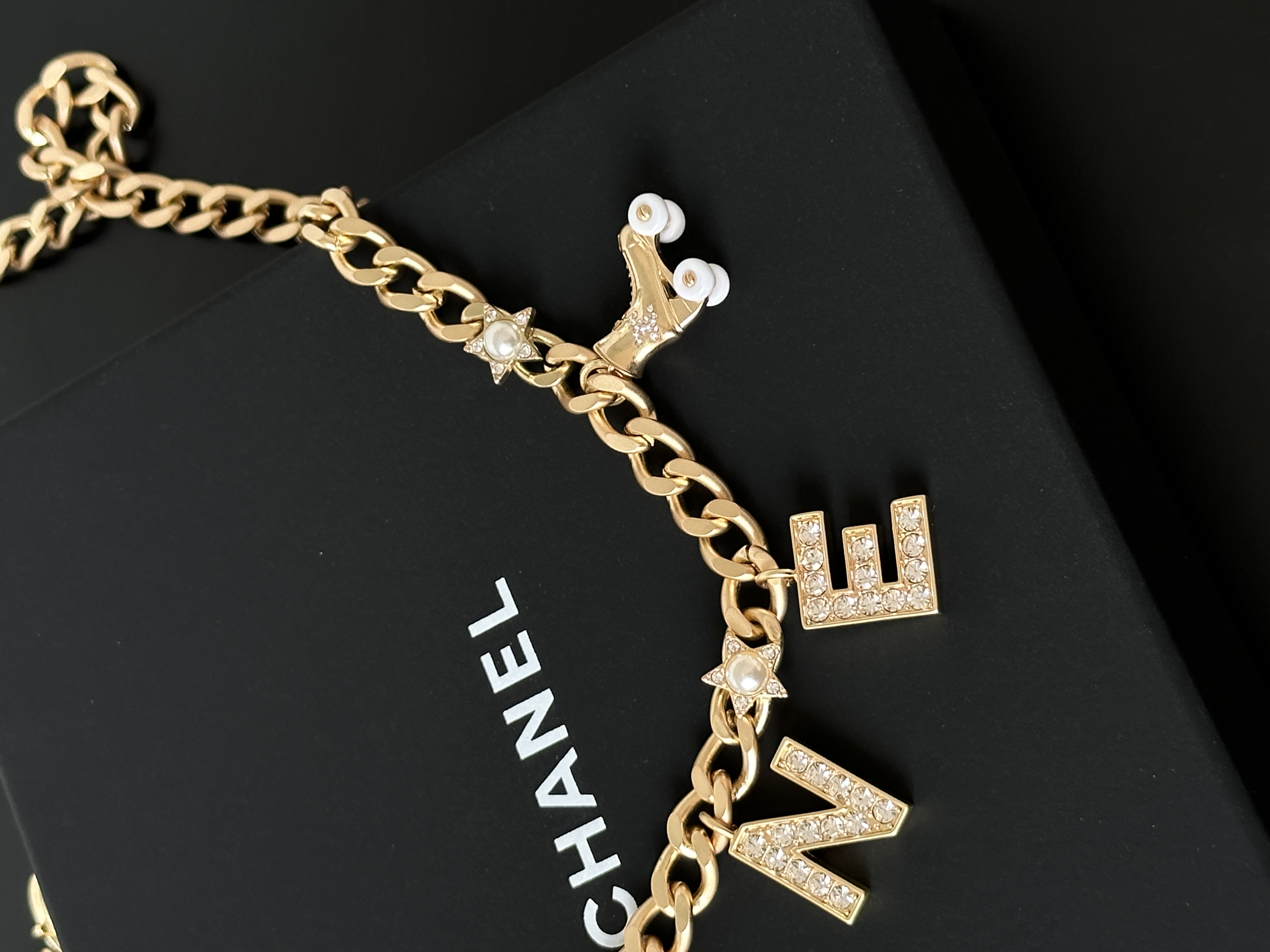 Chanel Light Gold Thick Cuban Chain Waist Belt With Crystal CHANE Letters, Star & Pearl Charms, Dual-Purpose As Necklace