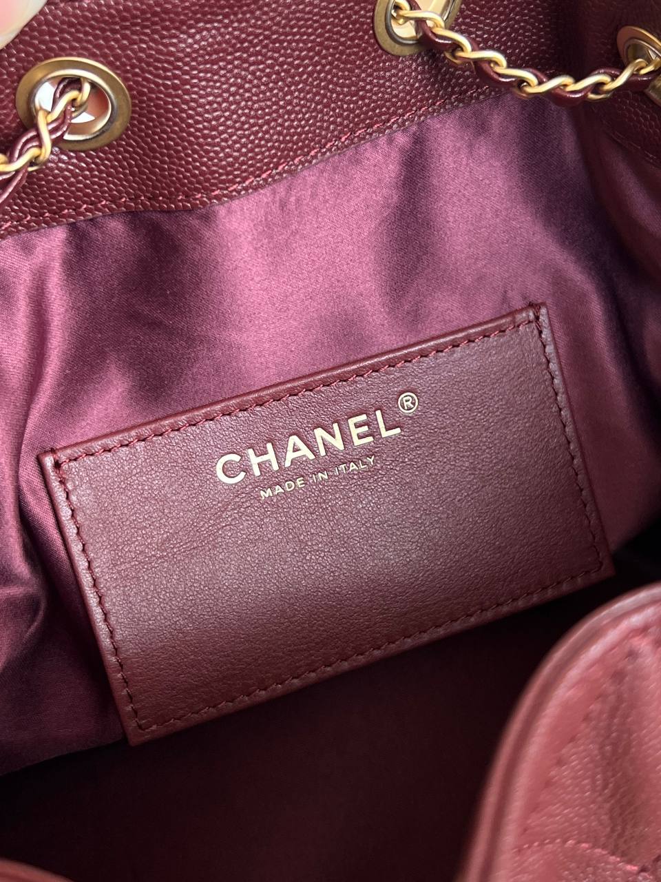Chanel Burgundy Caviar Leather Quilted CC Drawstring Chain Tote Bag