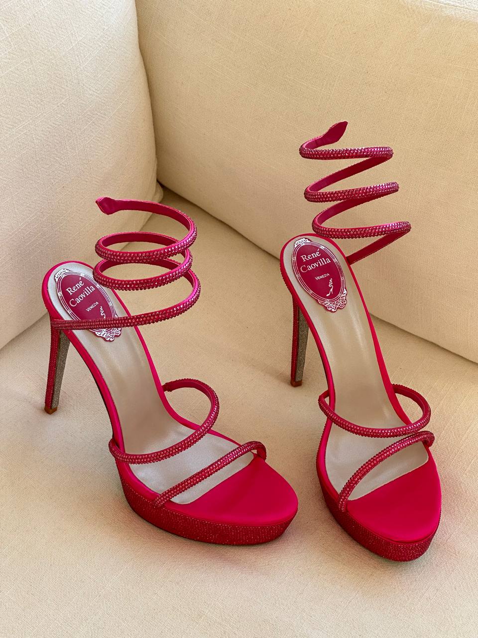 Rene Caovilla Magenta Satin Spiral Crystal Strap Platform Stiletto Sandals