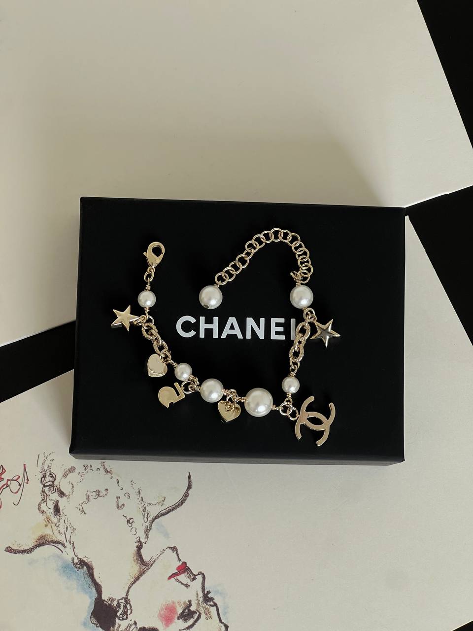 Chanel Pearl Crystal CC Star & Heart Charm Adjustable Bracelet