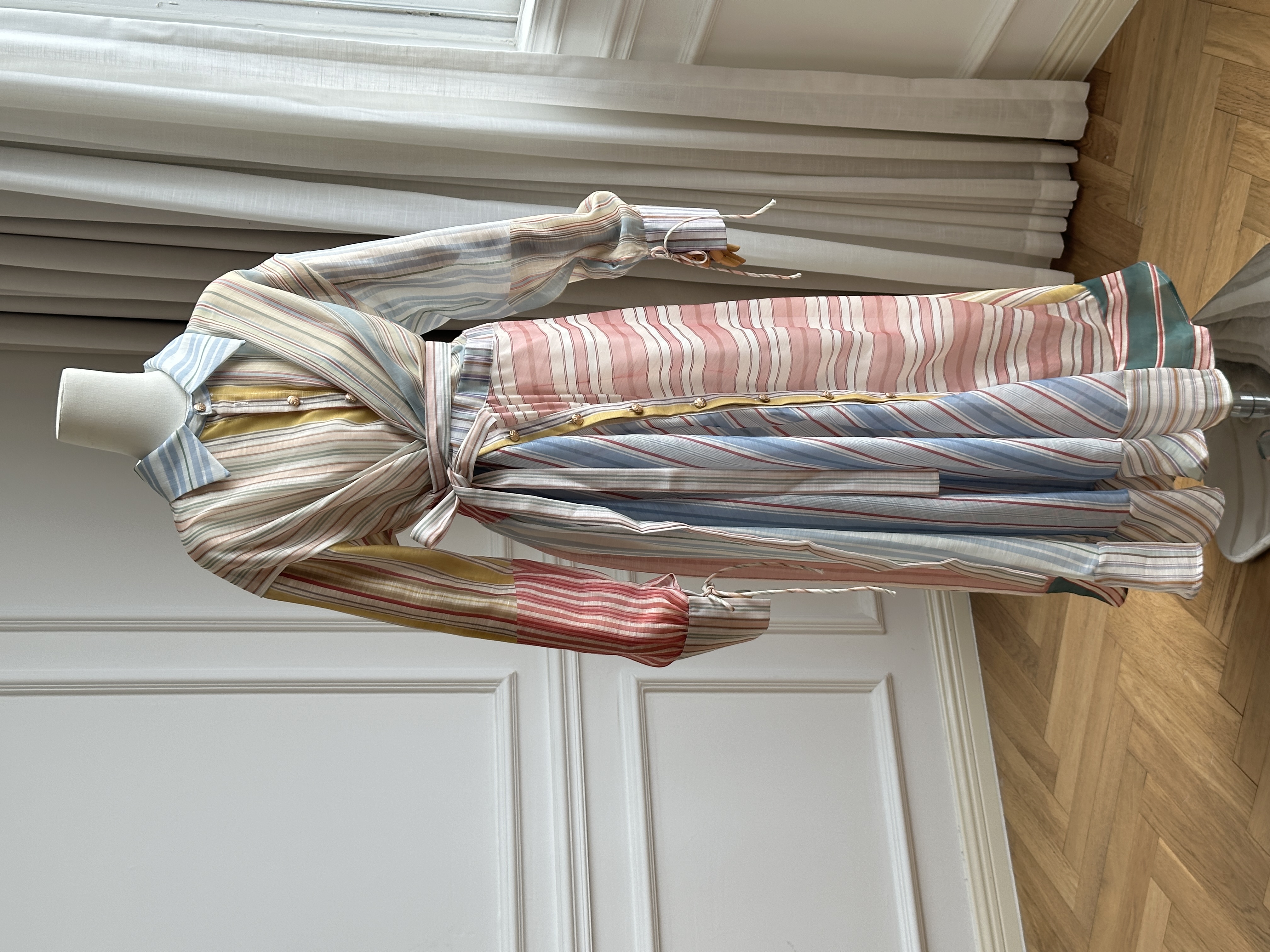 French Color-block Stripe Lapel Wrap Waist Tie Belt Shirt Maxi Dress