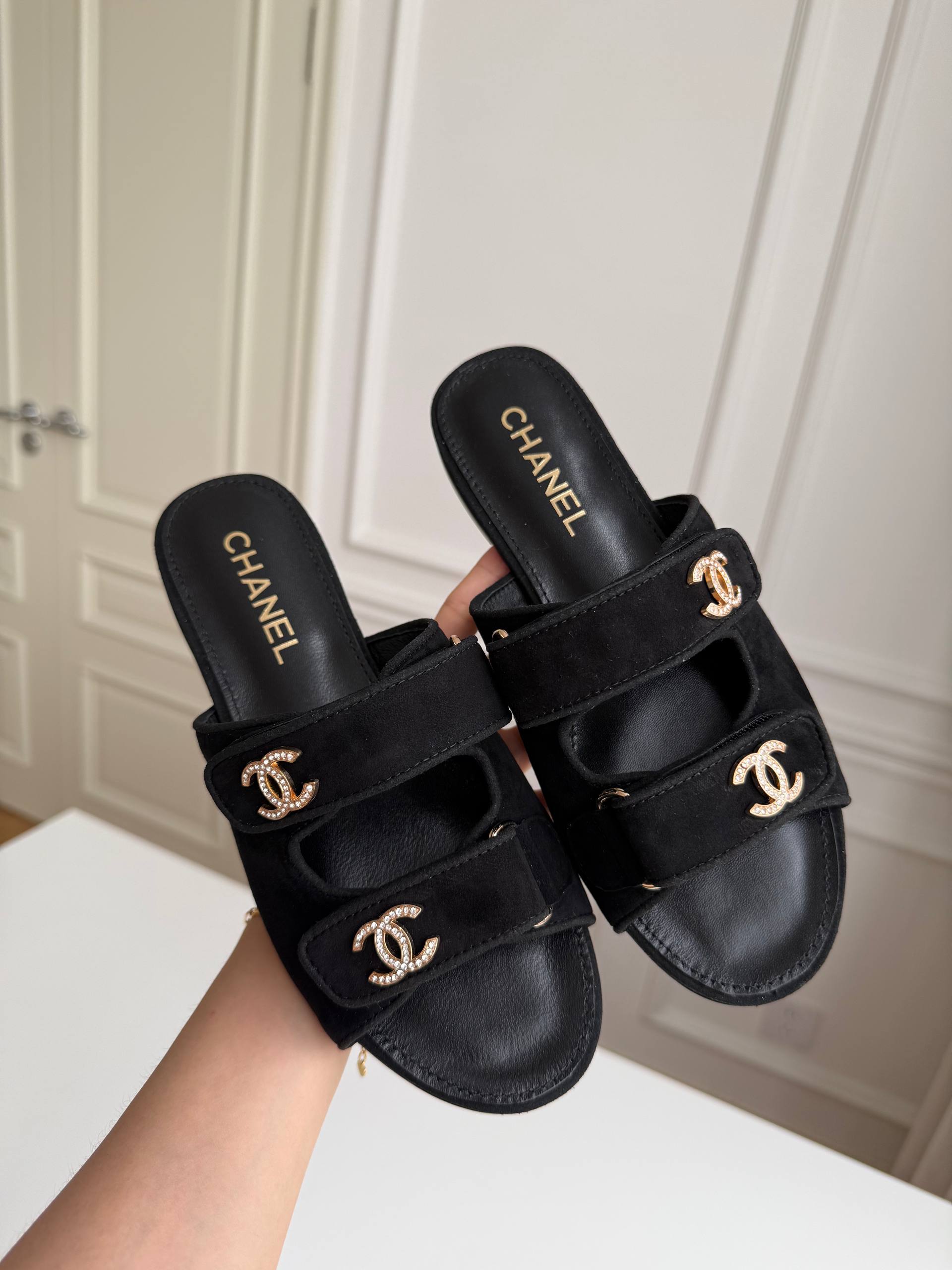 Chanel Suede Double Strap Slide Sandals with Crystal CC Turnlocks
