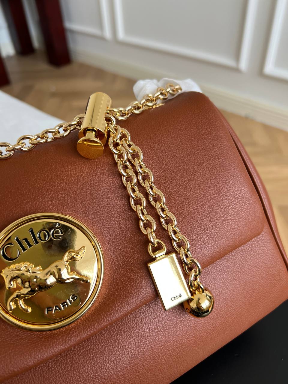 Chloe Caramel Grain Leather Pegasus Round Clasp Flap Crossbody Bag