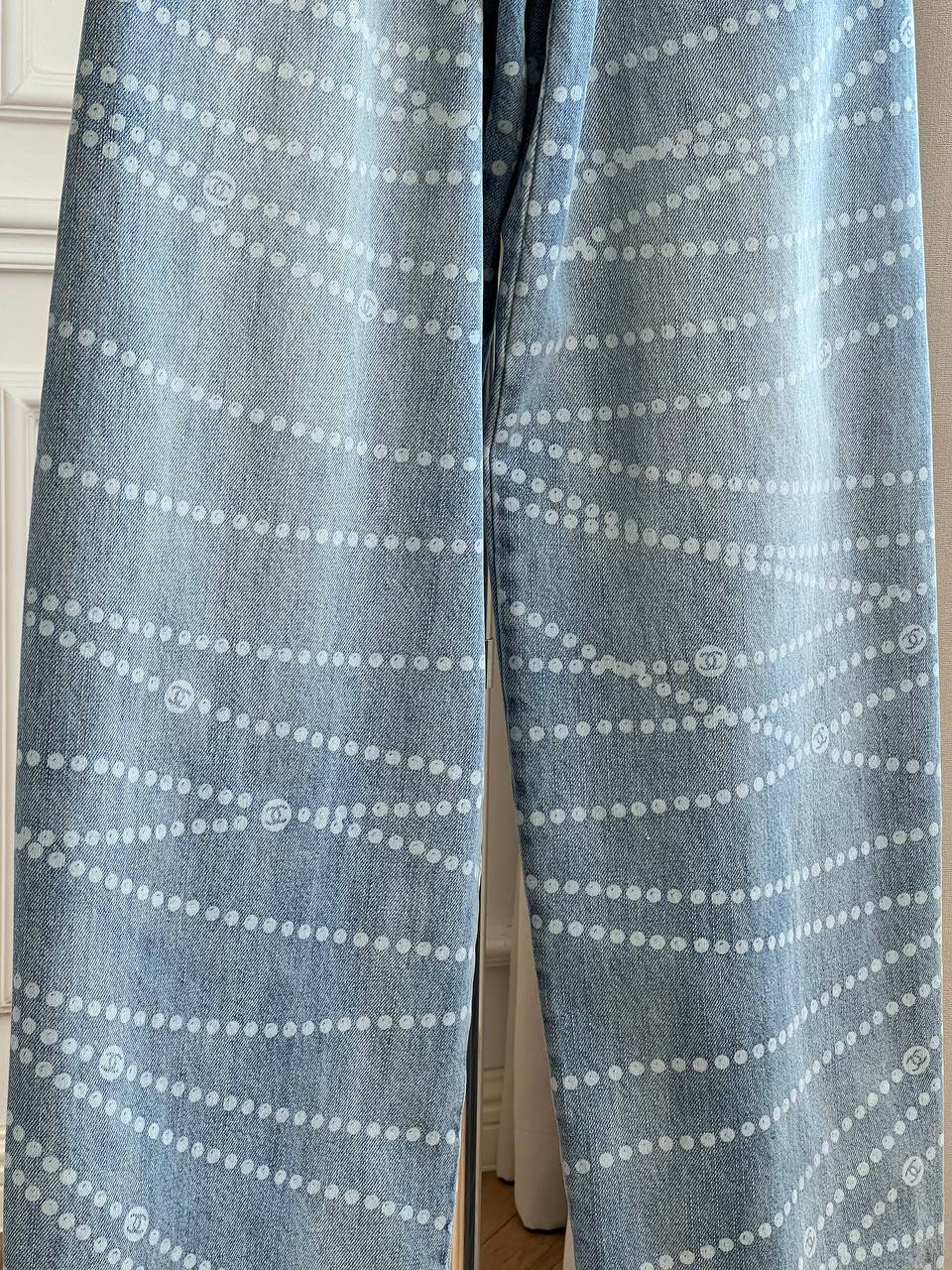 Wave Dot Printed High Waist Wide Leg Washed Denim Jeans