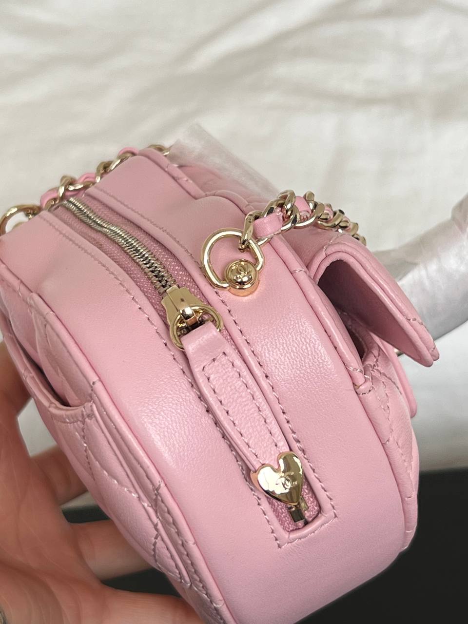 Chanel Pink Lambskin Quilted Heart Mini Crossbody Bag With Crystal Turnlock