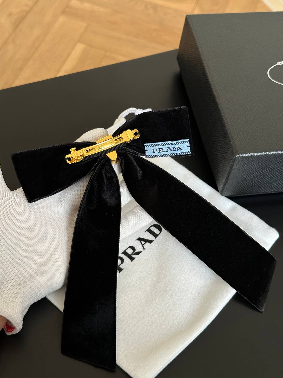 Prada Velvet Bow Hair Clip with Triangle Logo