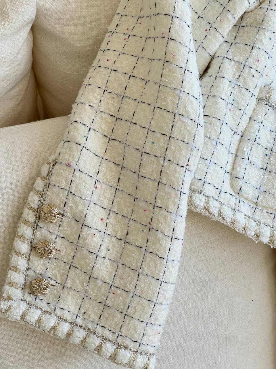 Chanel Grid Tweed Cropped Jacket With Chinese-style Frog Buttons