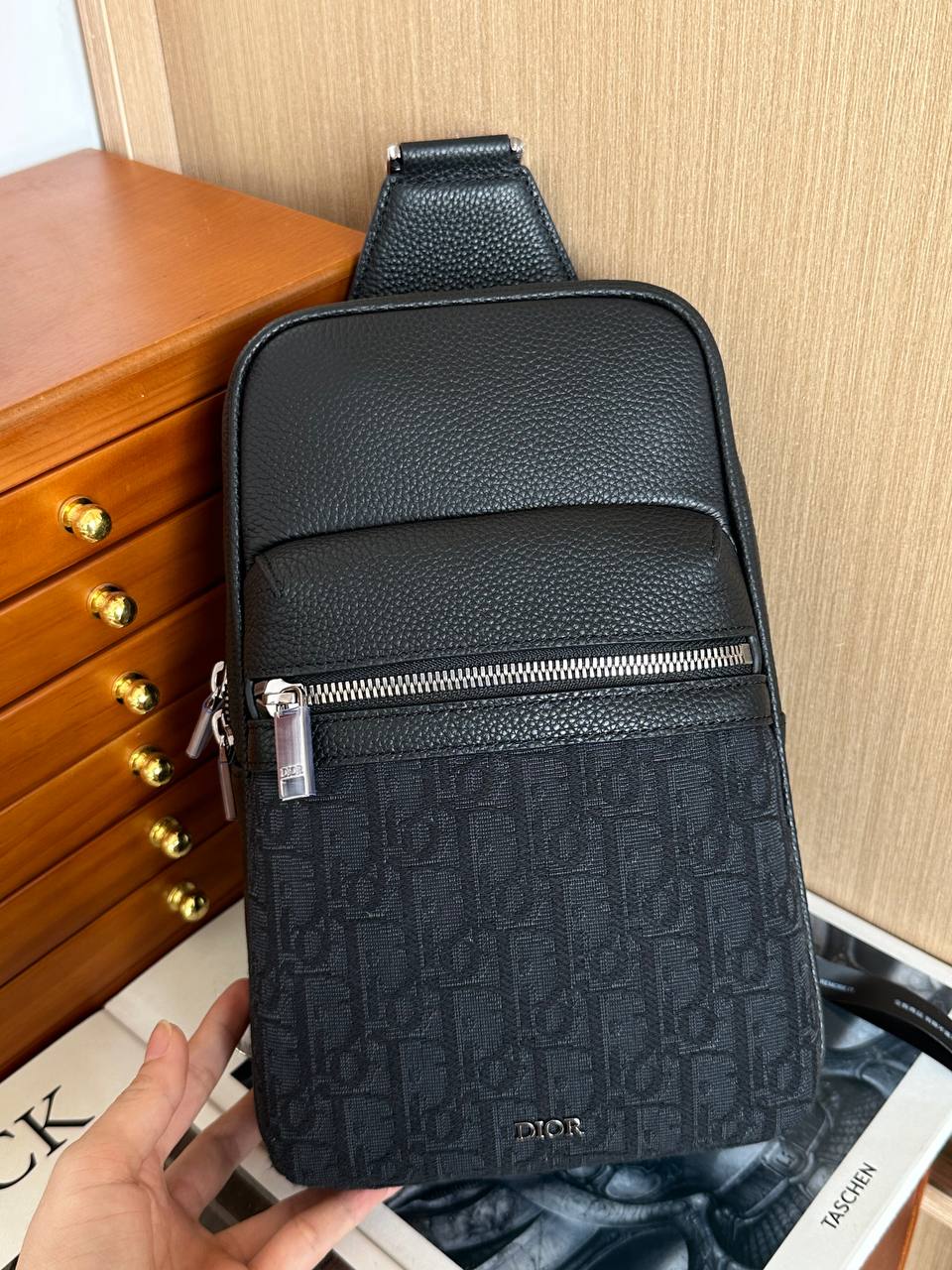 Dior Black Oblique Jacquard Grain Leather Sling Crossbody Chest Bag
