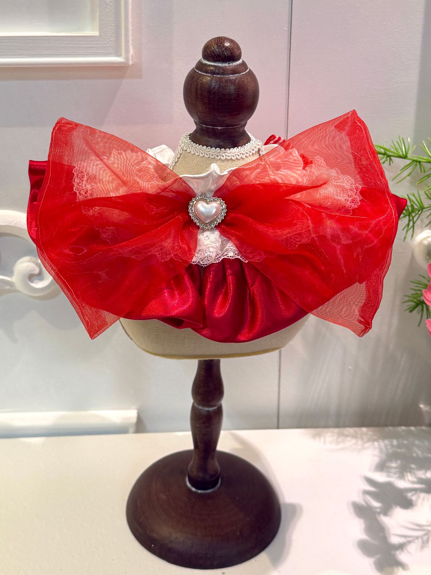 Hand-crafted Red White Lace Ruffle Pet Bib Cherry Gingham Bow Decor Elastic Neck Scarf - MAISONKAIRON