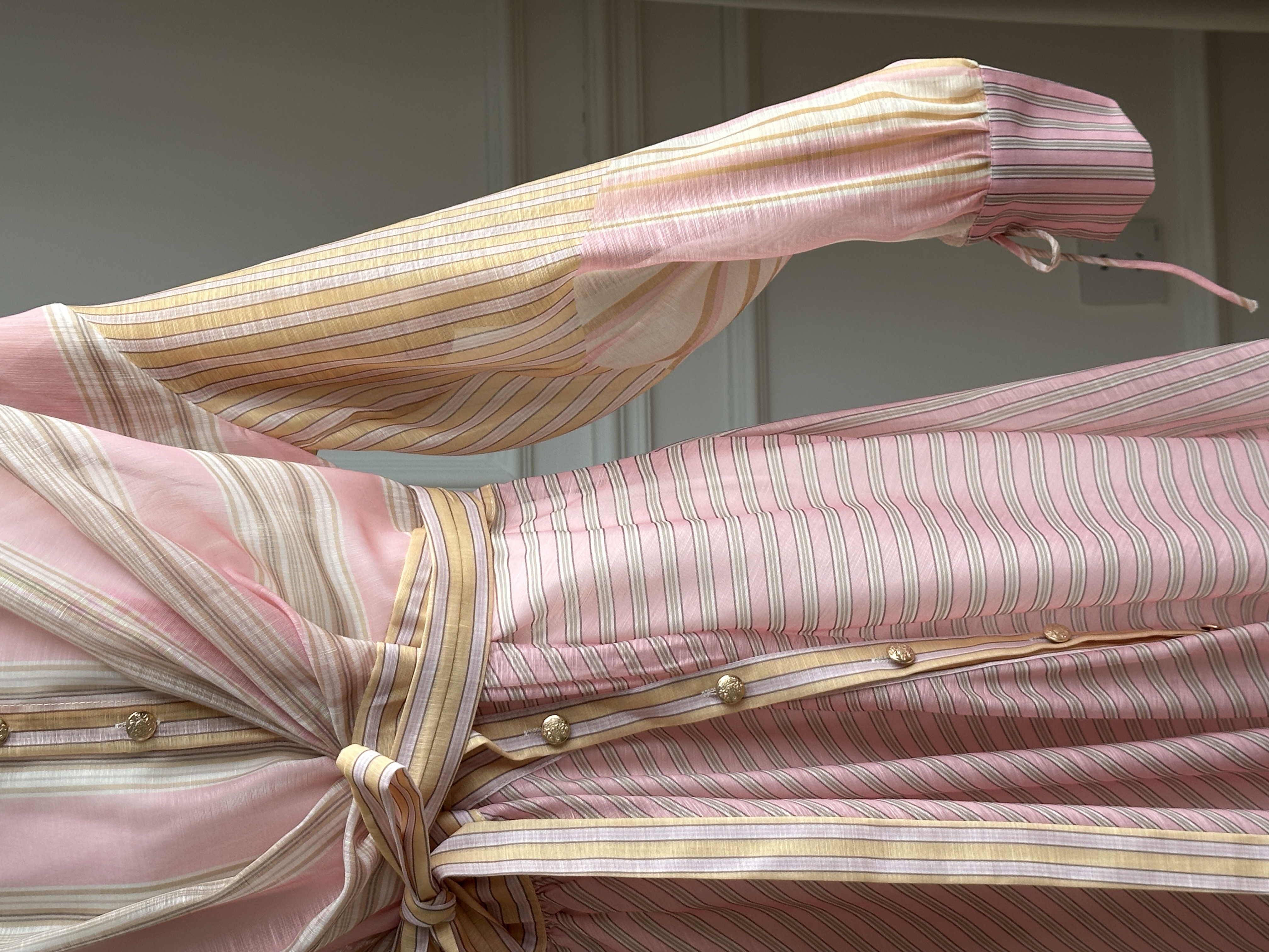 Pink Tone Striped Lapel Cross Wrap Tie-Waist Shirt Maxi Dress