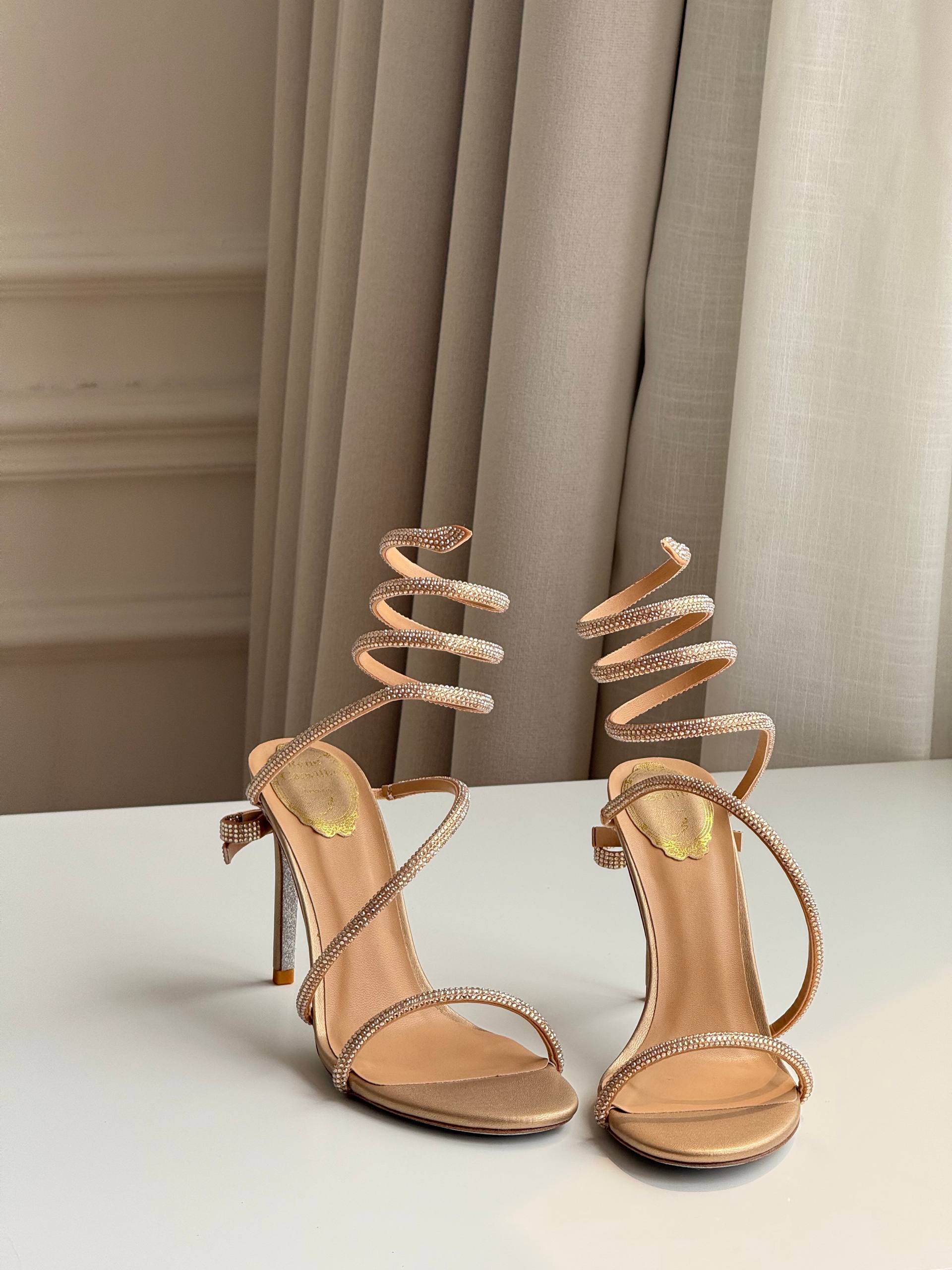 Rene Caovilla Cleo Series Nude Rhinestone Snake Wrap High-Heel Sandals