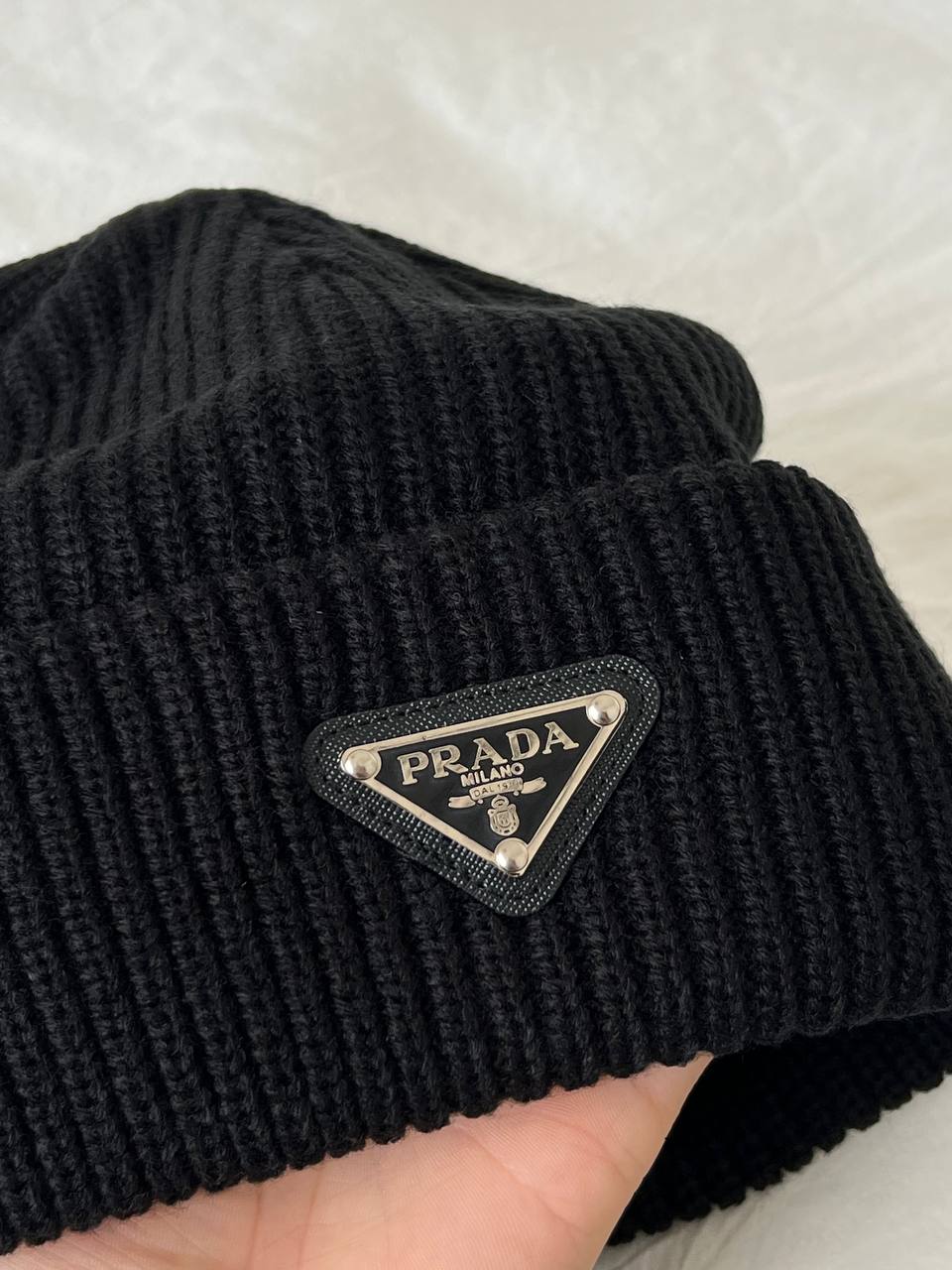 Prada Black Triangle Logo Ribbed Cuffed Knit Beanie