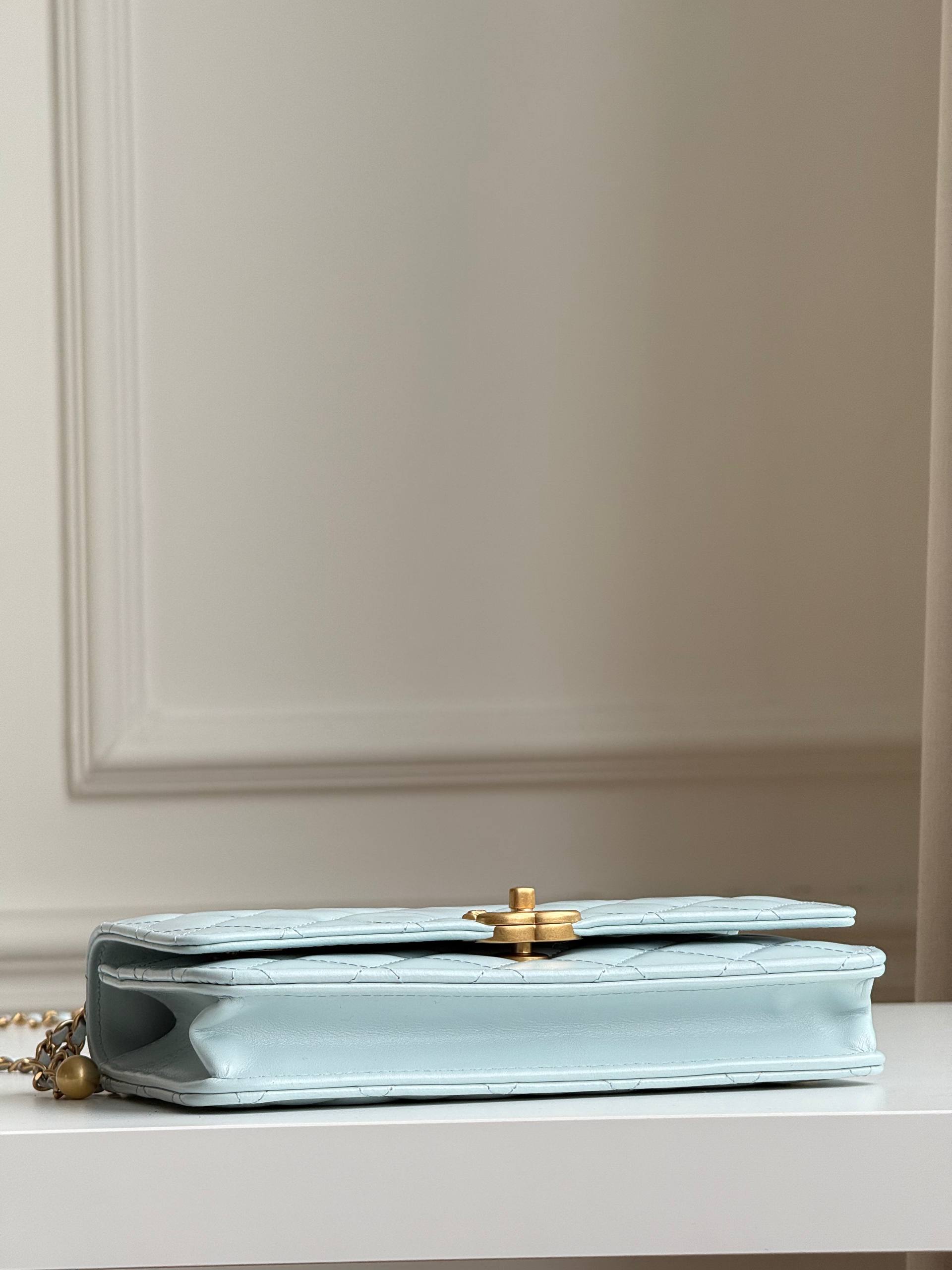 Chanel Pale Blue Lambskin Gold Bead Crossbody Bag