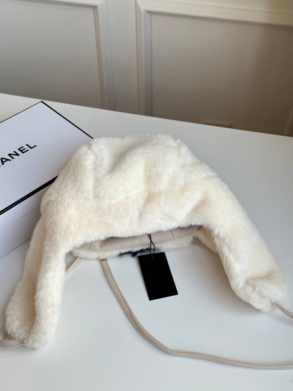 Chanel Off-White Faux Shearling Fur Embroidered CC Ear Flap Trapper Hat