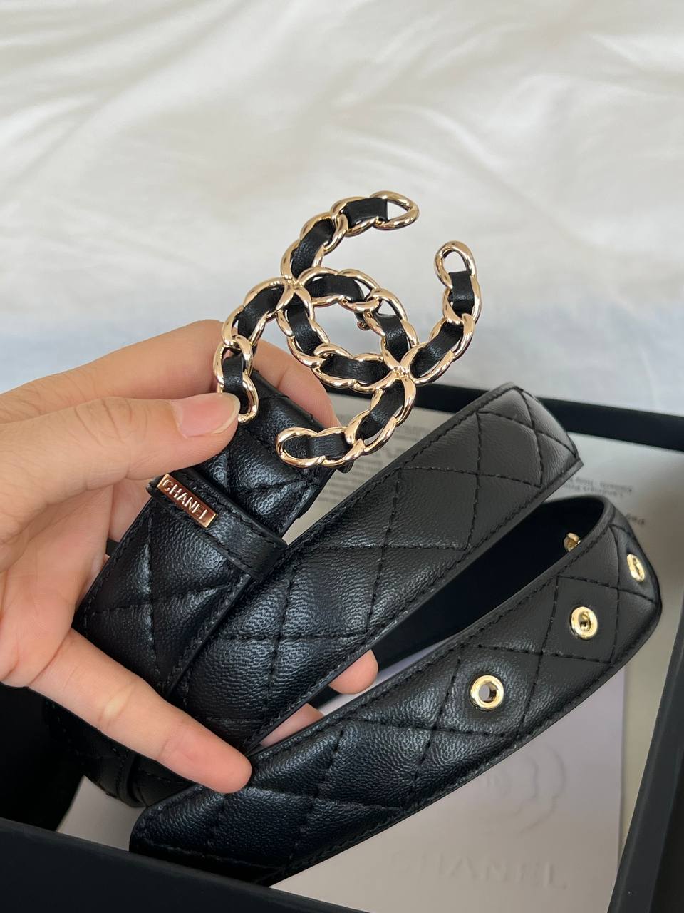 CHANEL Interwoven Chain CC Buckle Quilted Calfskin Belt