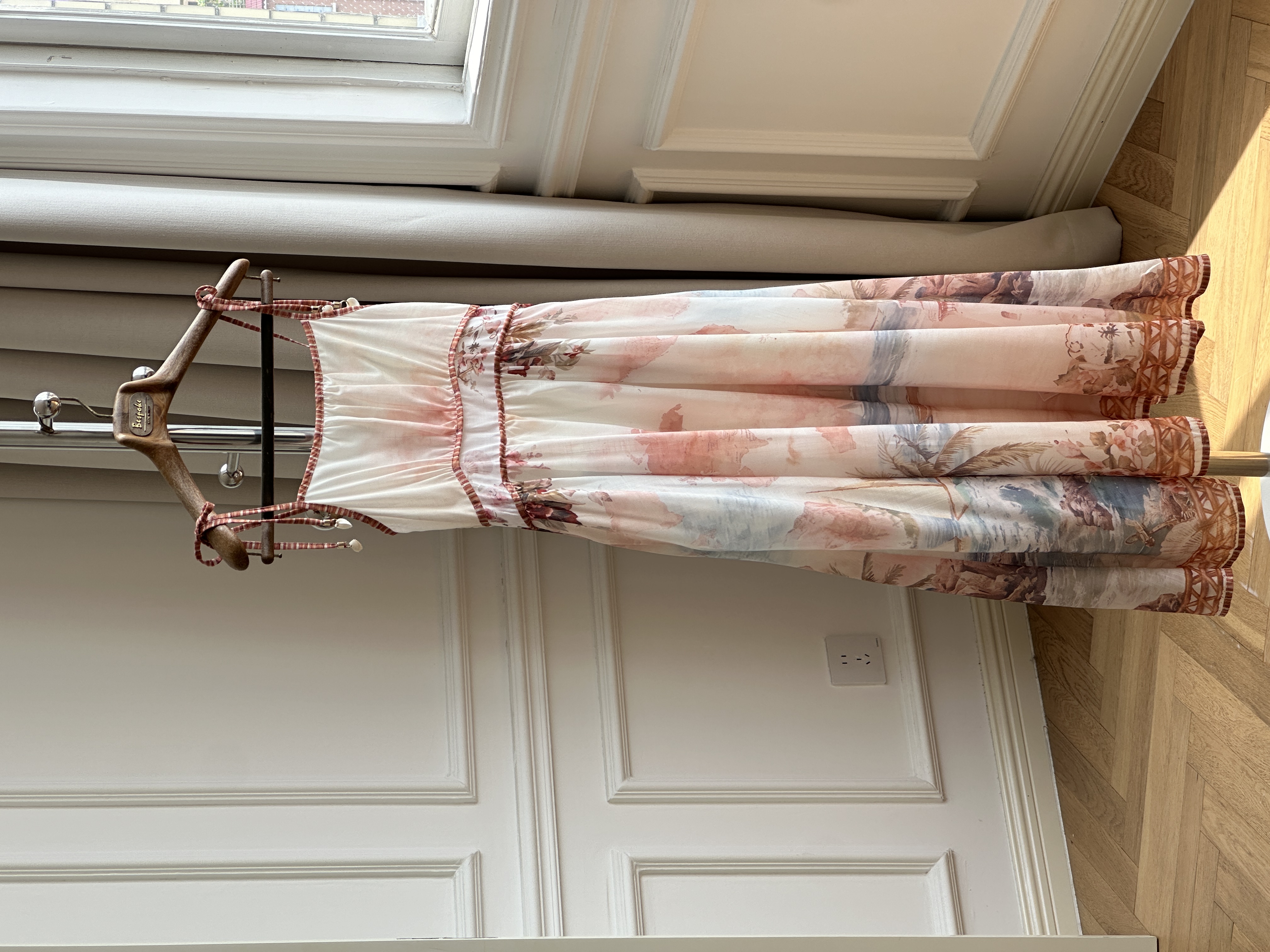 Pink Watercolor Seaside Landscape Print Tie Strap Waisted Flowy Maxi Dress