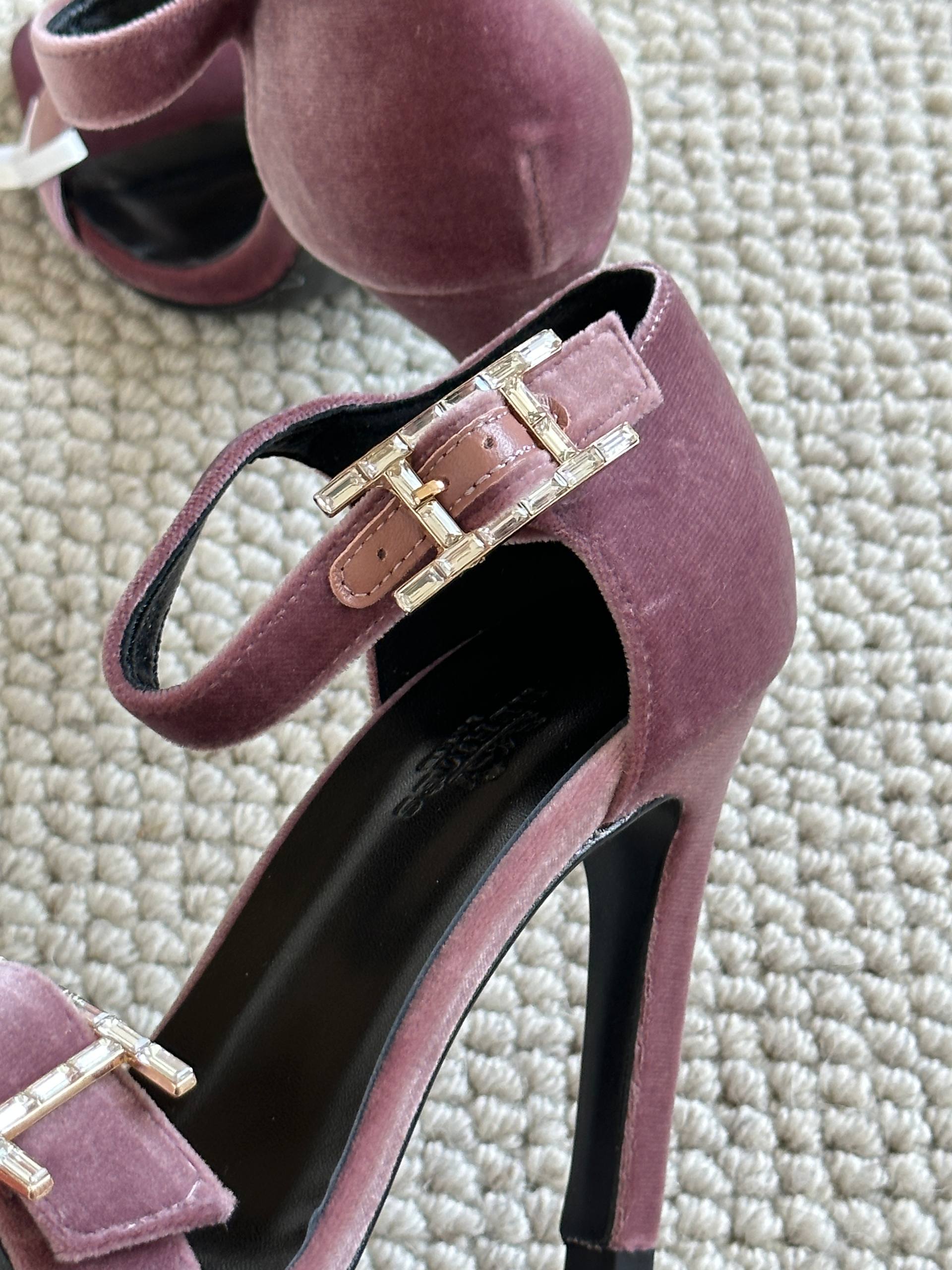 Hermès Dusty Pink Velvet Crystal H Buckle Block Heel Sandals