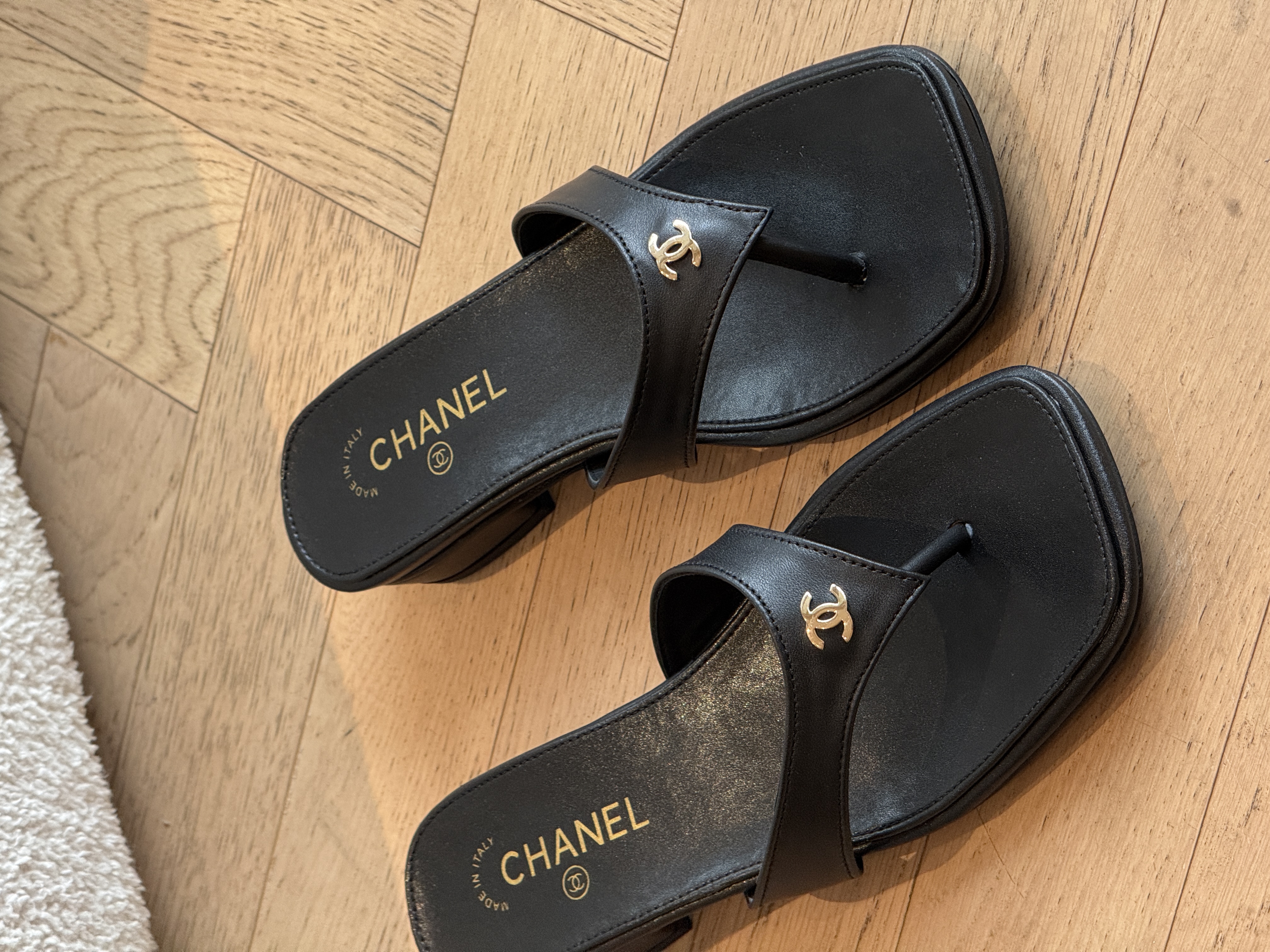 Chanel Square-Toe Wedge Flip-Flop Sandals