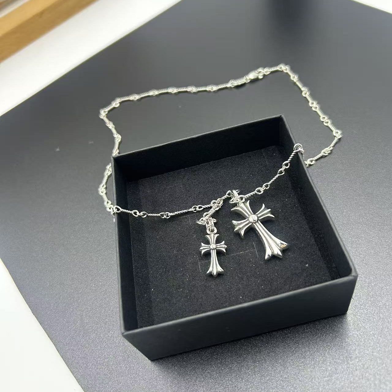 CHROME HEARTS BLACK DIAMOND DOUBLE CROSS LAYERED NECKLACE